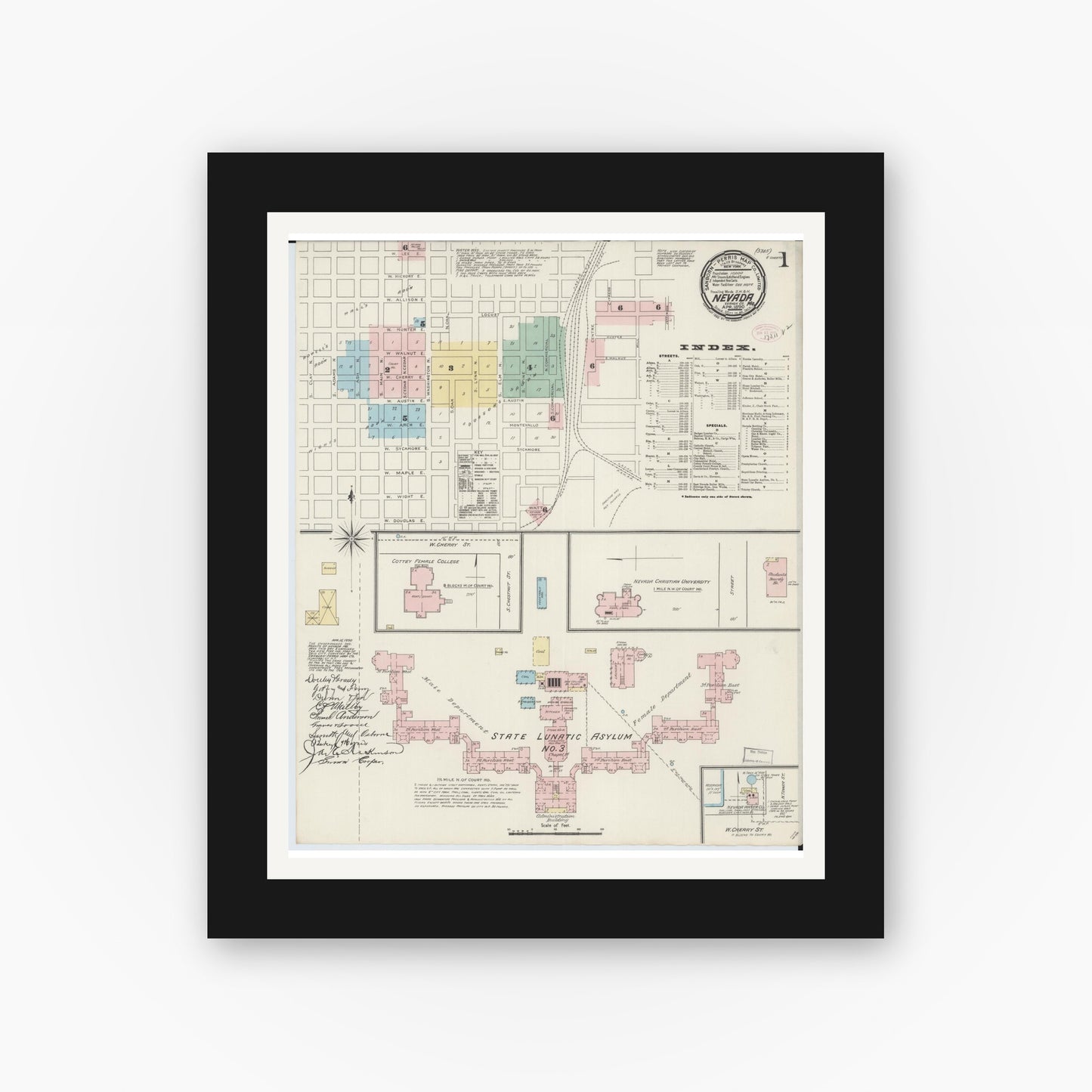 Old map wall art mockup — black gallery frame with white mat — Sanborn Fire Insurance Map from Nevada, Vernon County, Missouri (1890), Sheet #0001