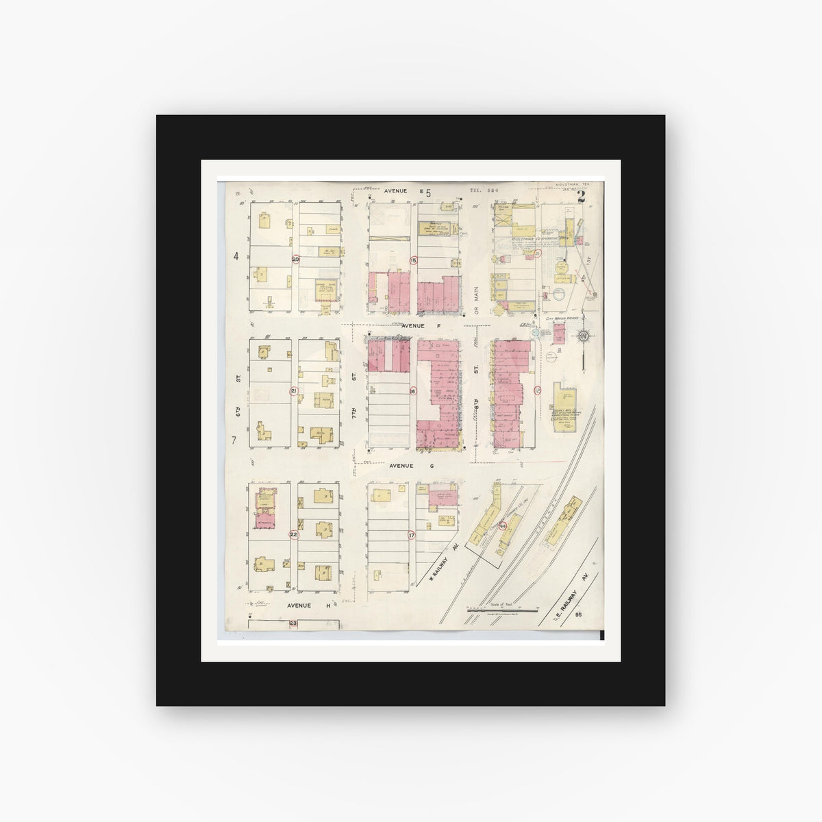 Old map wall art mockup — black gallery frame with white mat — Sanborn Fire Insurance Map from Midlothian, Ellis County, Texas (1944), Sheet #0002