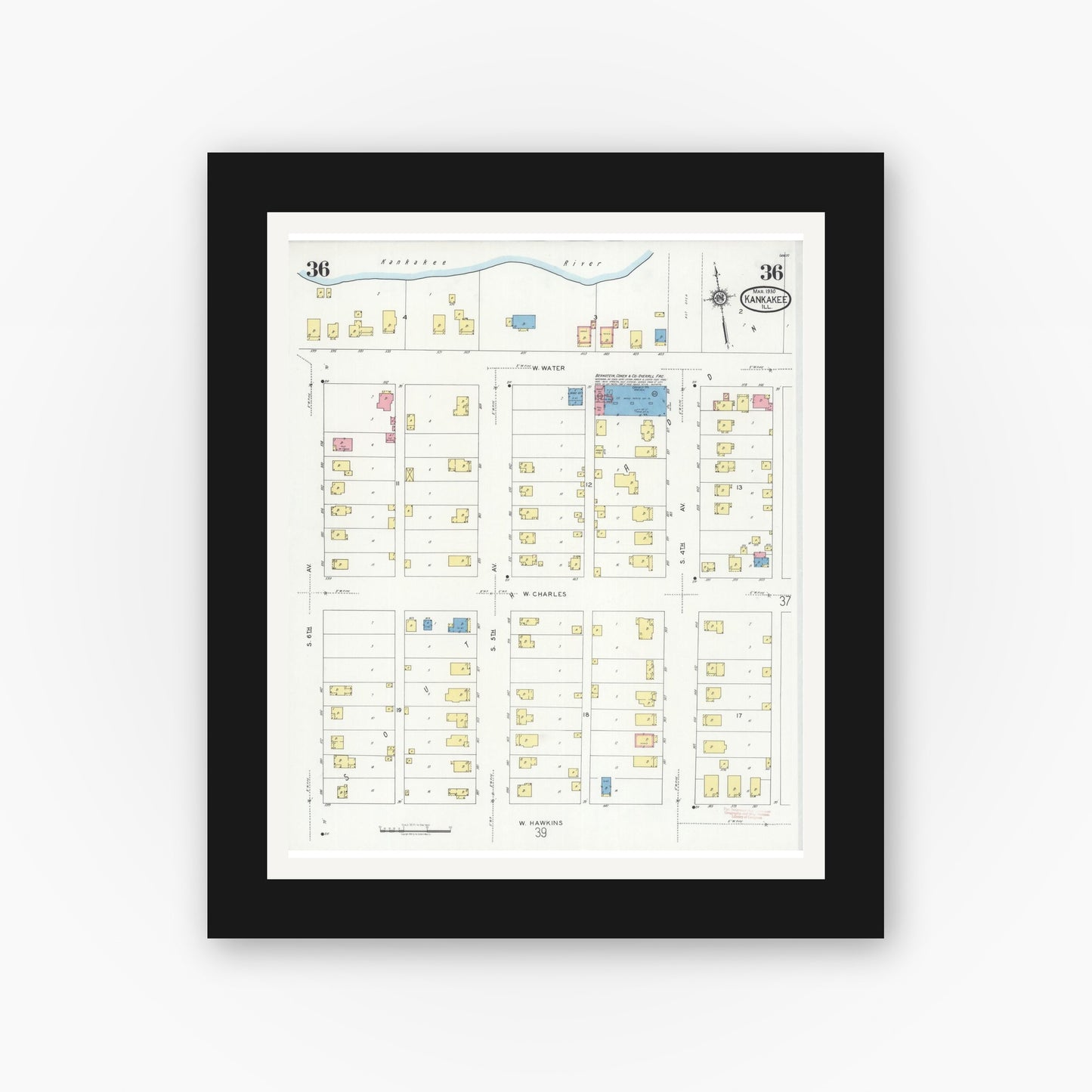 Old map wall art mockup — black gallery frame with white mat — Sanborn Fire Insurance Map from Kankakee, Kankakee County, Illinois (1930), Sheet #0036