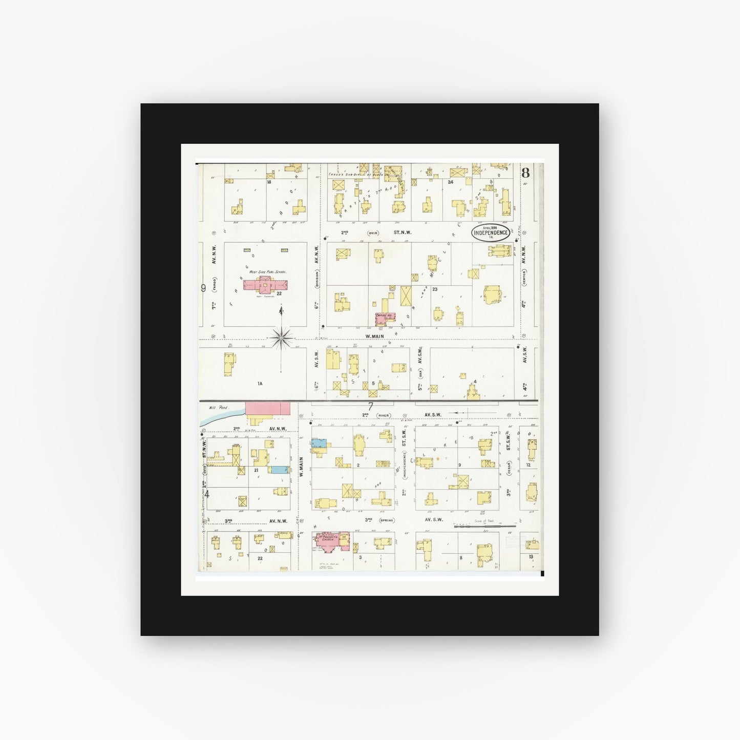 Old map wall art mockup — black gallery frame with white mat — Sanborn Fire Insurance Map from Independence, Buchanan County, Iowa (1899), Sheet #0008