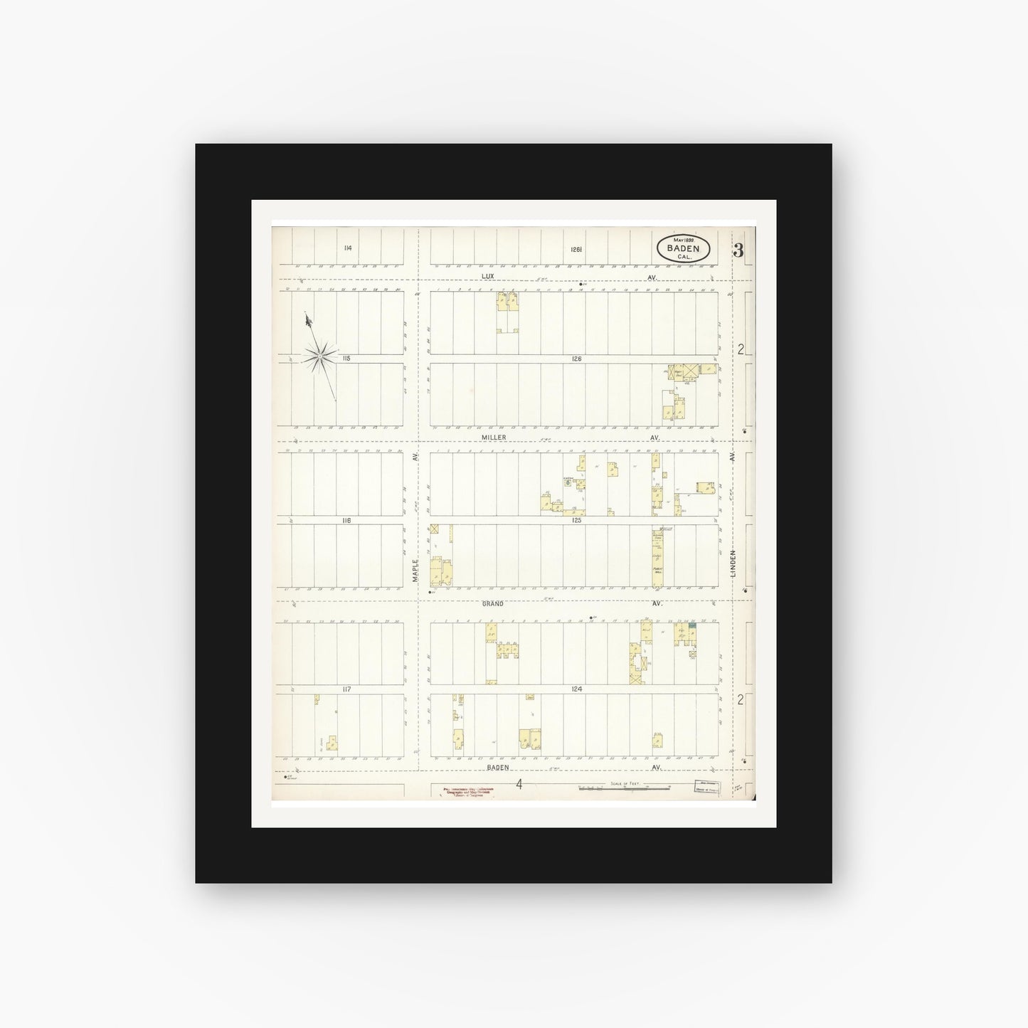 Old map wall art mockup — black gallery frame with white mat — Sanborn Fire Insurance Map from Baden, San Mateo County, California (1899), Sheet #0003