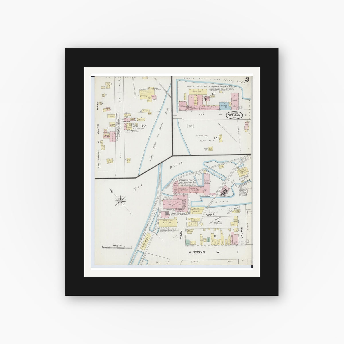 Old map wall art mockup — black gallery frame with white mat — Sanborn Fire Insurance Map from Neenah, Winnebago County, Wisconsin (1887), Sheet #0003