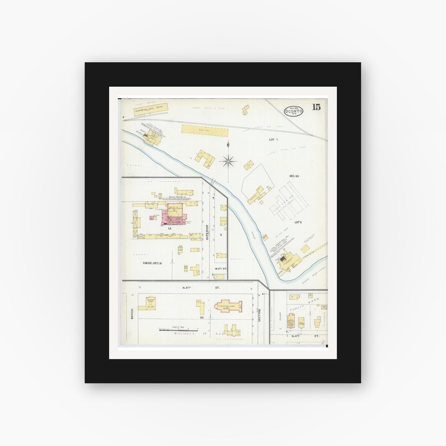 Old map wall art mockup — black gallery frame with white mat — Sanborn Fire Insurance Map from Oconto, Oconto County, Wisconsin (1904), Sheet #0015