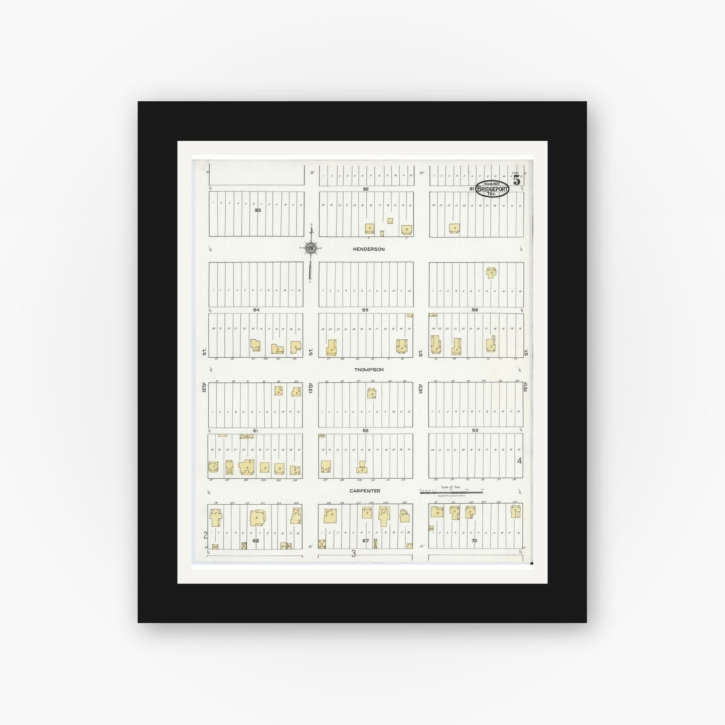 Old map wall art mockup — black gallery frame with white mat — Sanborn Fire Insurance Map from Bridgeport, Wise County, Texas (1921), Sheet #0005