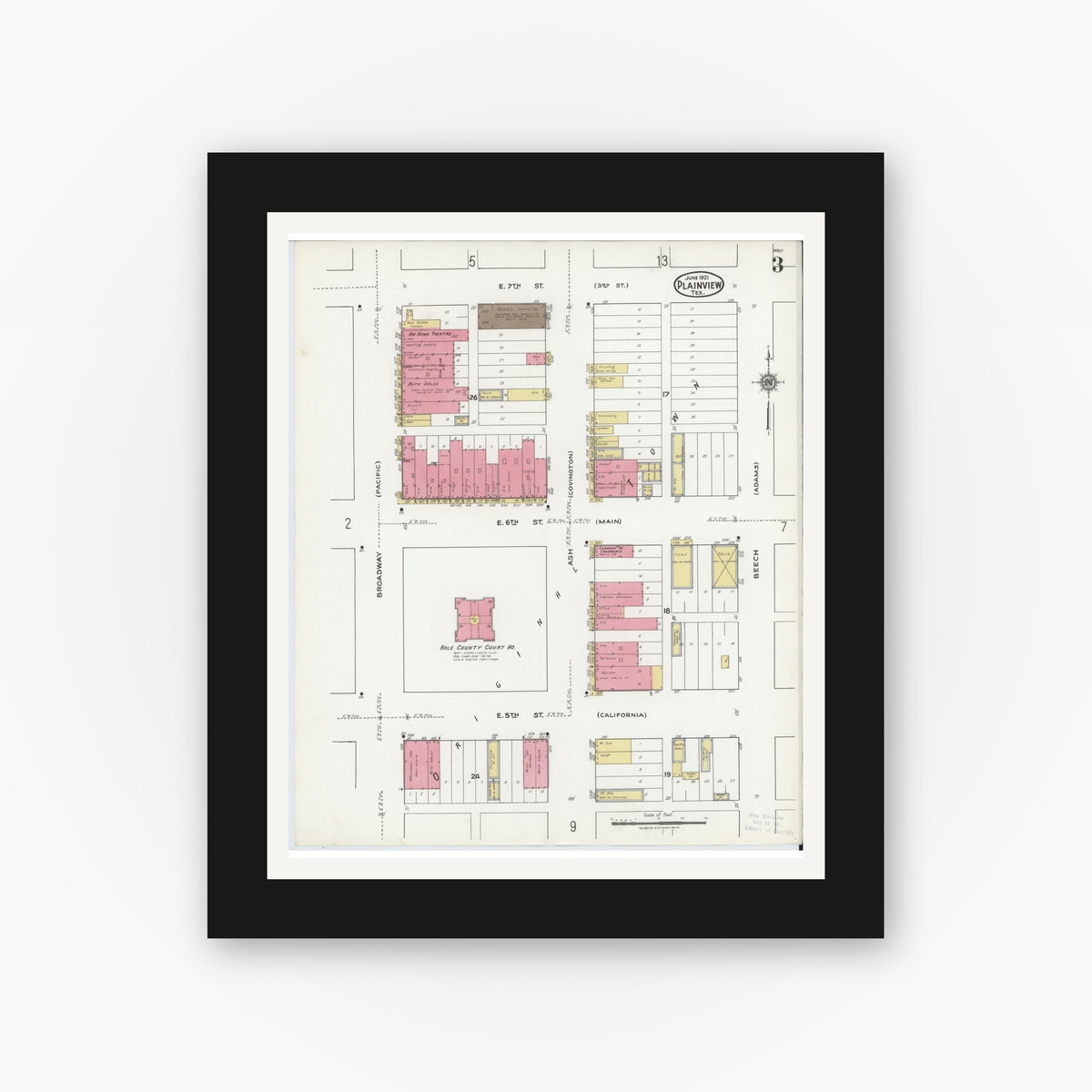 Old map wall art mockup — black gallery frame with white mat — Sanborn Fire Insurance Map from Plainview, Hale County, Texas (1921), Sheet #0003