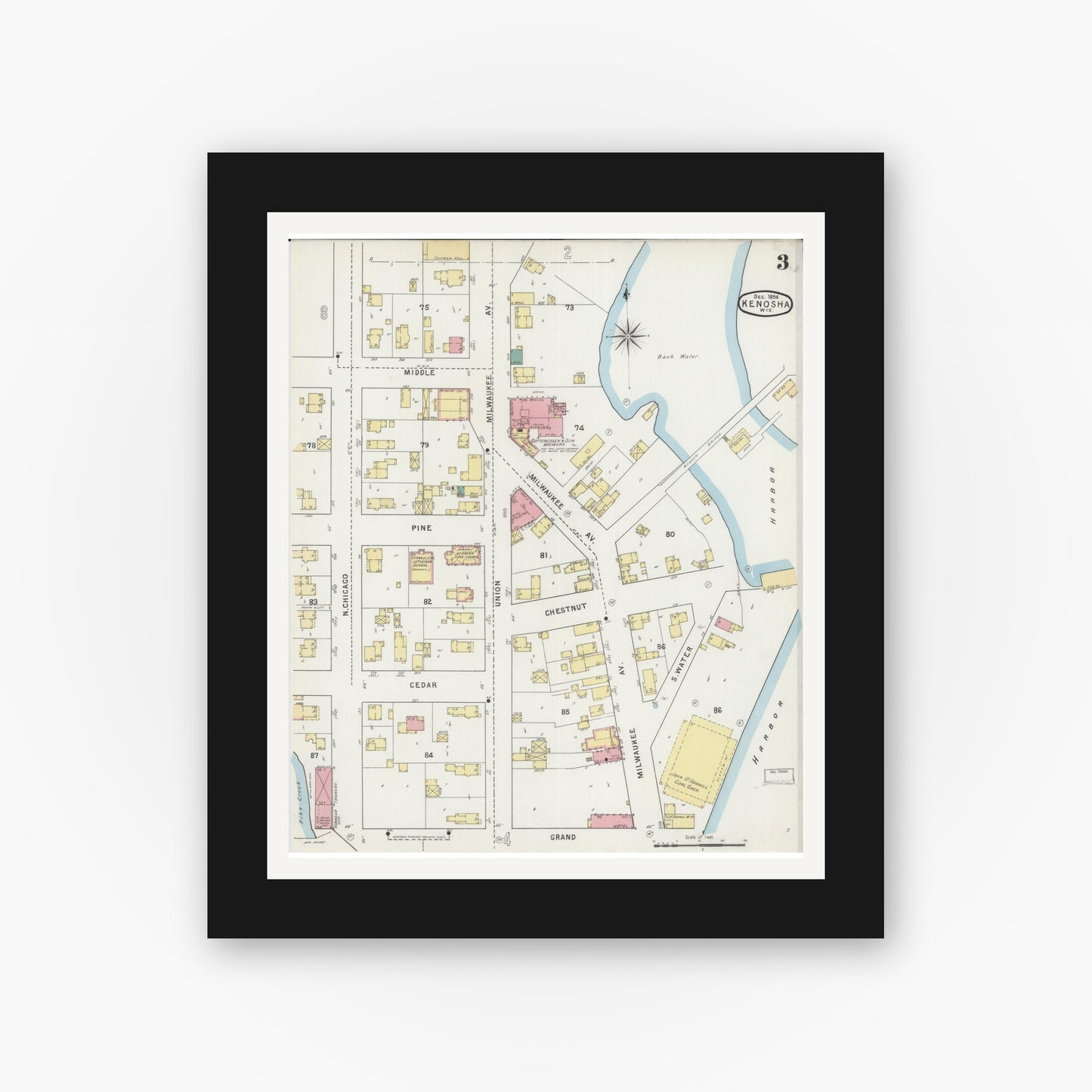Old map wall art mockup — black gallery frame with white mat — Sanborn Fire Insurance Map from Kenosha, Kenosha County, Wisconsin (1894), Sheet #0003