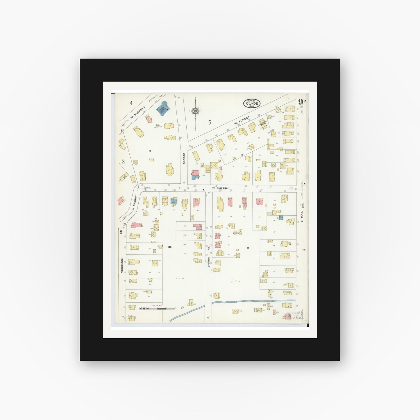 Old map wall art mockup — black gallery frame with white mat — Sanborn Fire Insurance Map from Clyde, Sandusky County, Ohio (1911), Sheet #0009