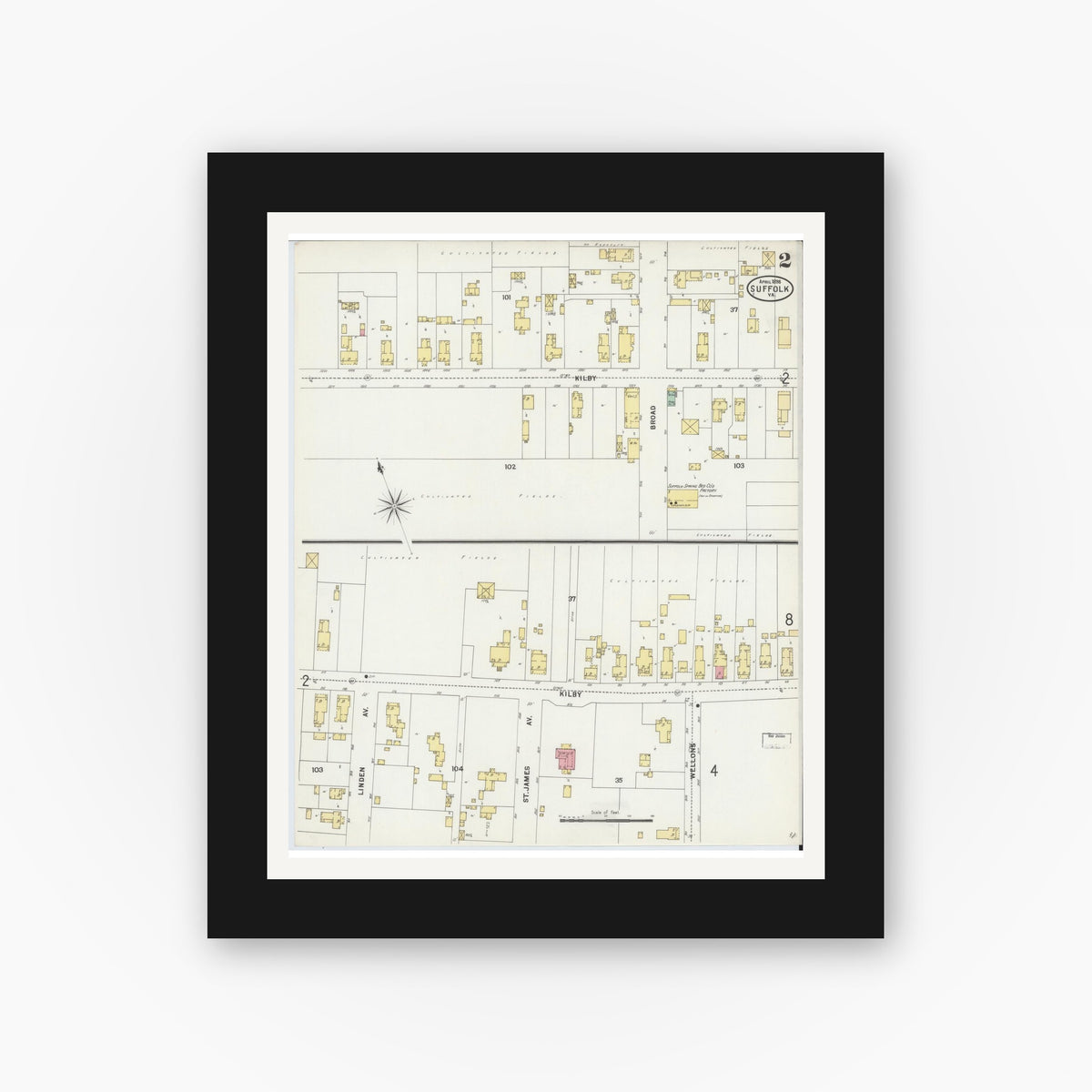 Old map wall art mockup — black gallery frame with white mat — Sanborn Fire Insurance Map from Suffolk, Independent Cities, Virginia (1898), Sheet #0002
