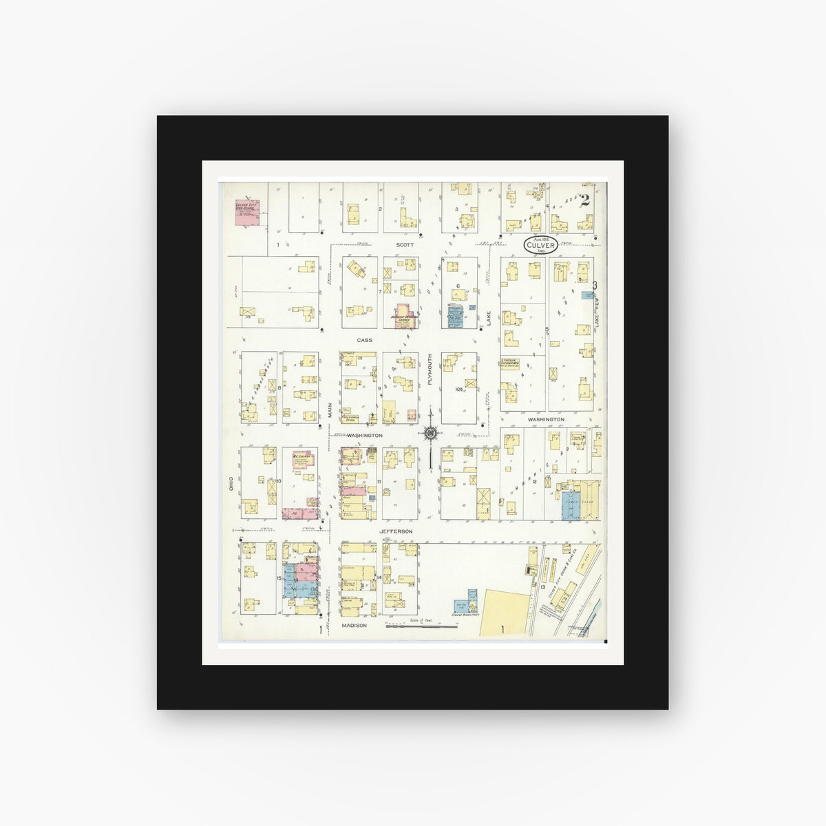 Old map wall art mockup — black gallery frame with white mat — Sanborn Fire Insurance Map from Culver, Marshall County, Indiana (1914), Sheet #0002