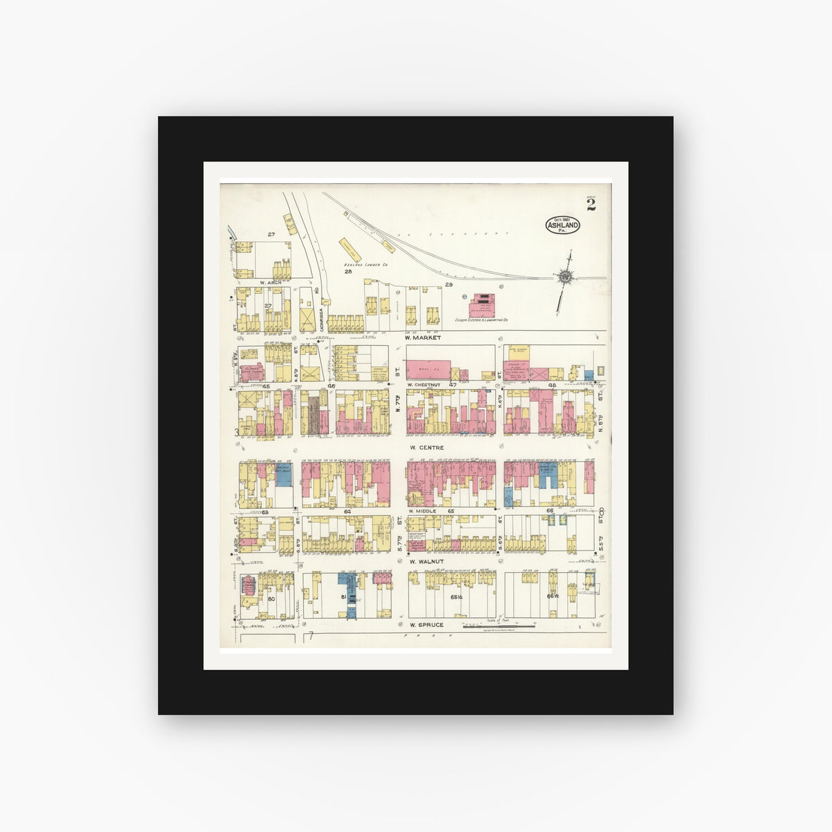 Old map wall art mockup — black gallery frame with white mat — Sanborn Fire Insurance Map from Ashland, Schuylkill County, Pennsylvania (1921), Sheet #0002