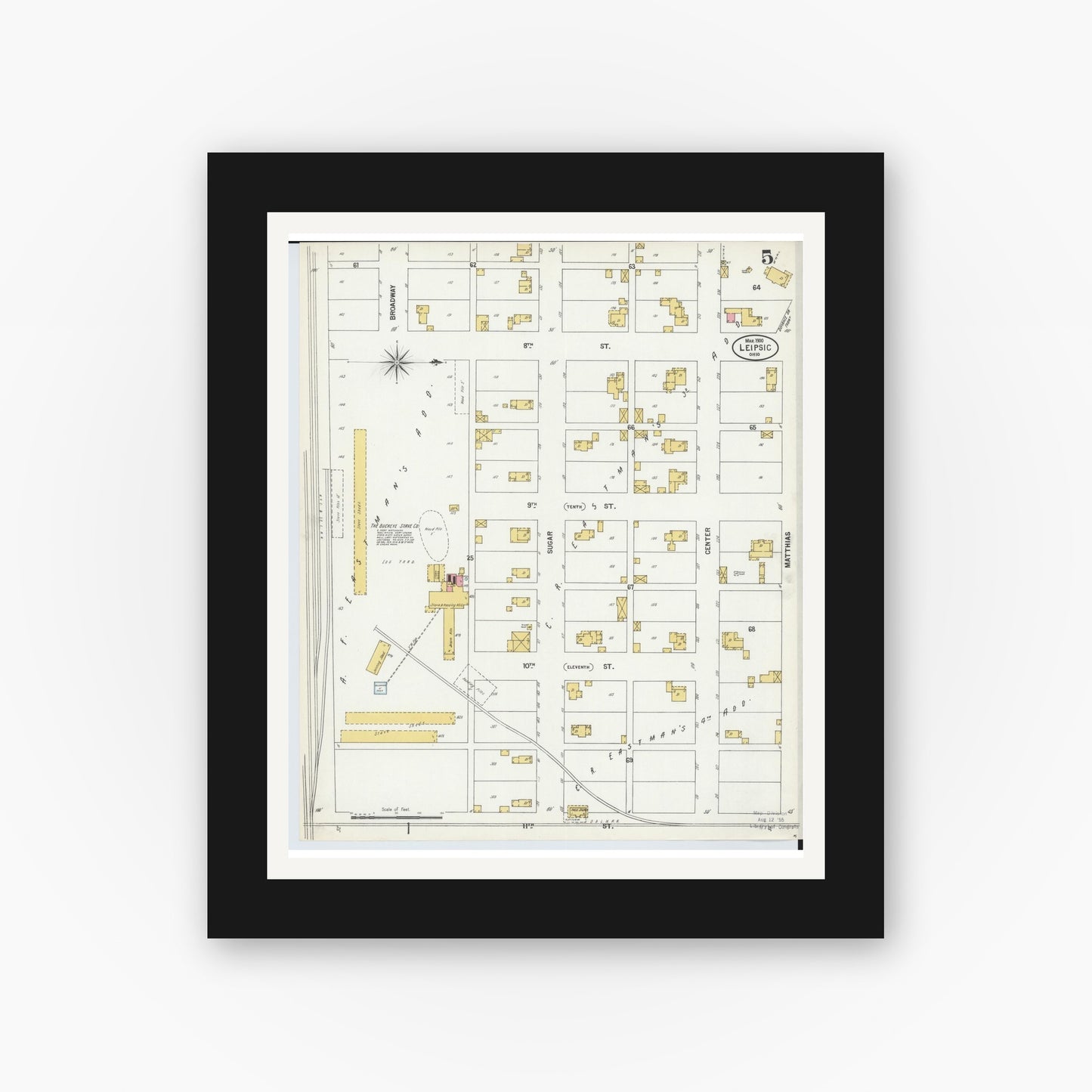 Old map wall art mockup — black gallery frame with white mat — Sanborn Fire Insurance Map from Leipsic, Putnam County, Ohio (1900), Sheet #0005