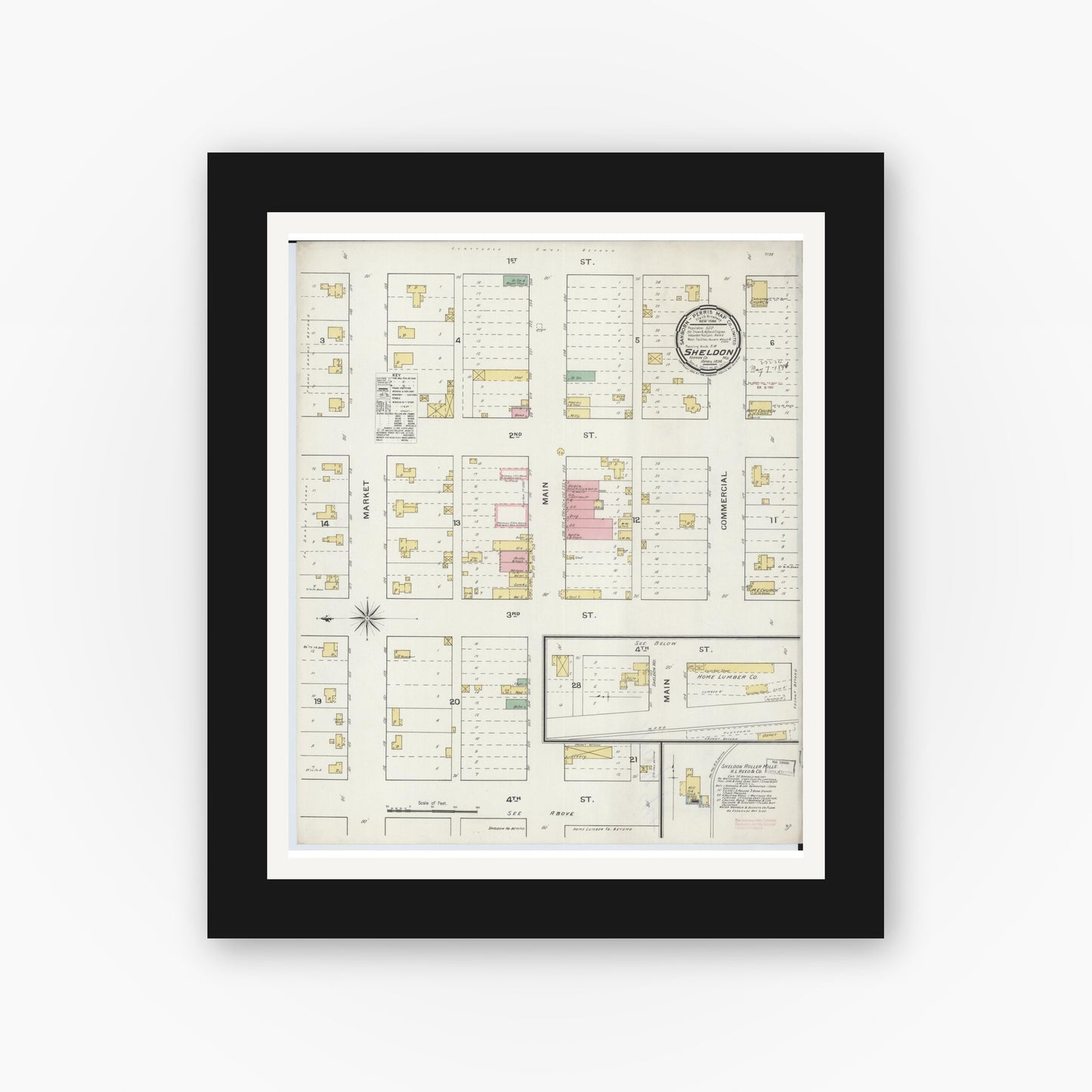 Old map wall art mockup — black gallery frame with white mat — Sanborn Fire Insurance Map from Sheldon, Vernon County, Missouri (1894), Sheet #0001