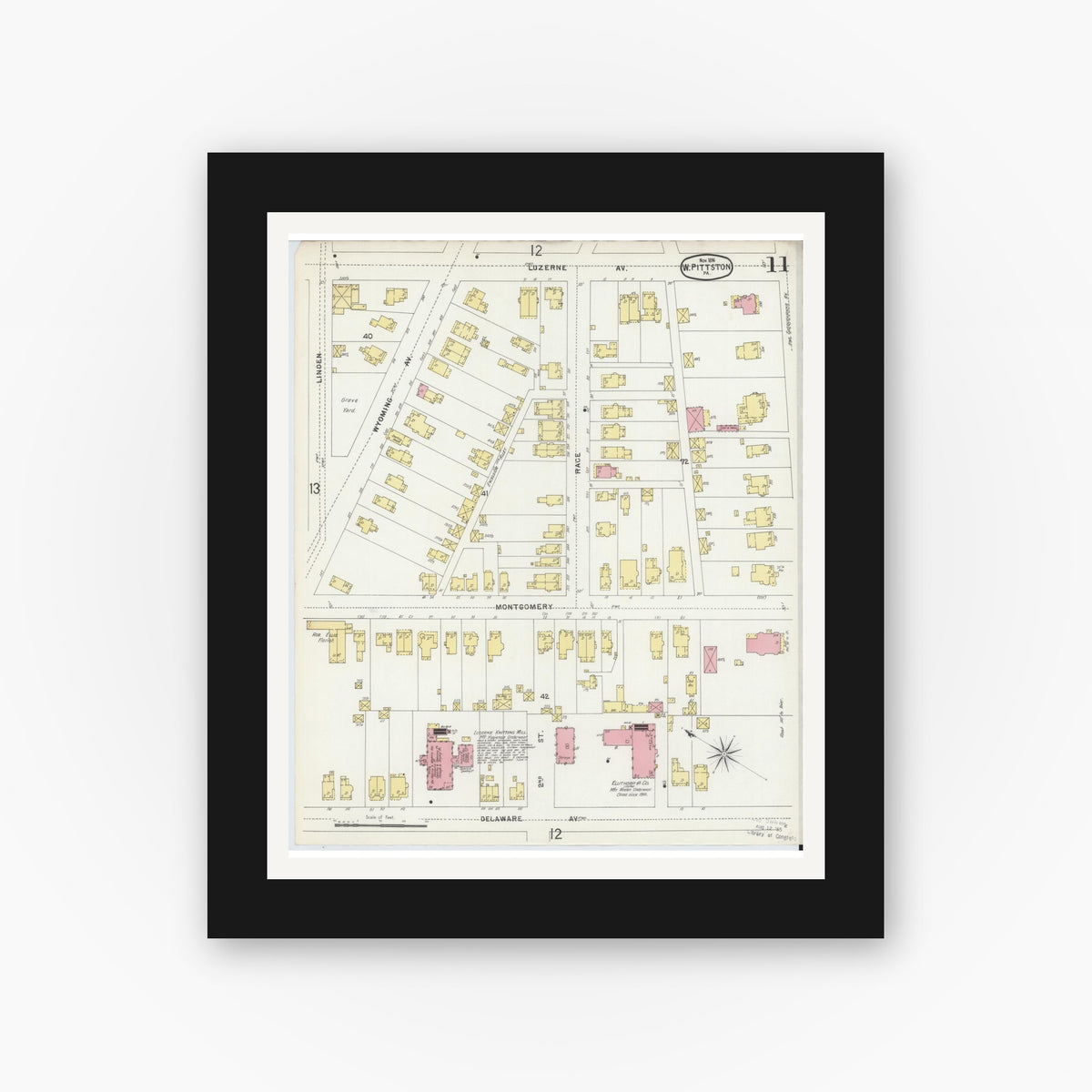 Old map wall art mockup — black gallery frame with white mat — Sanborn Fire Insurance Map from Pittston, Luzerne County, Pennsylvania (1896), Sheet #0011