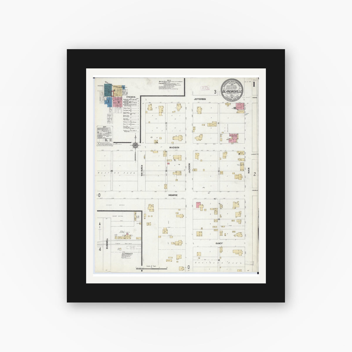 Old map wall art mockup — black gallery frame with white mat — Sanborn Fire Insurance Map from Blandinsville, Mcdonough County, Illinois (1912) - Complete Map Set