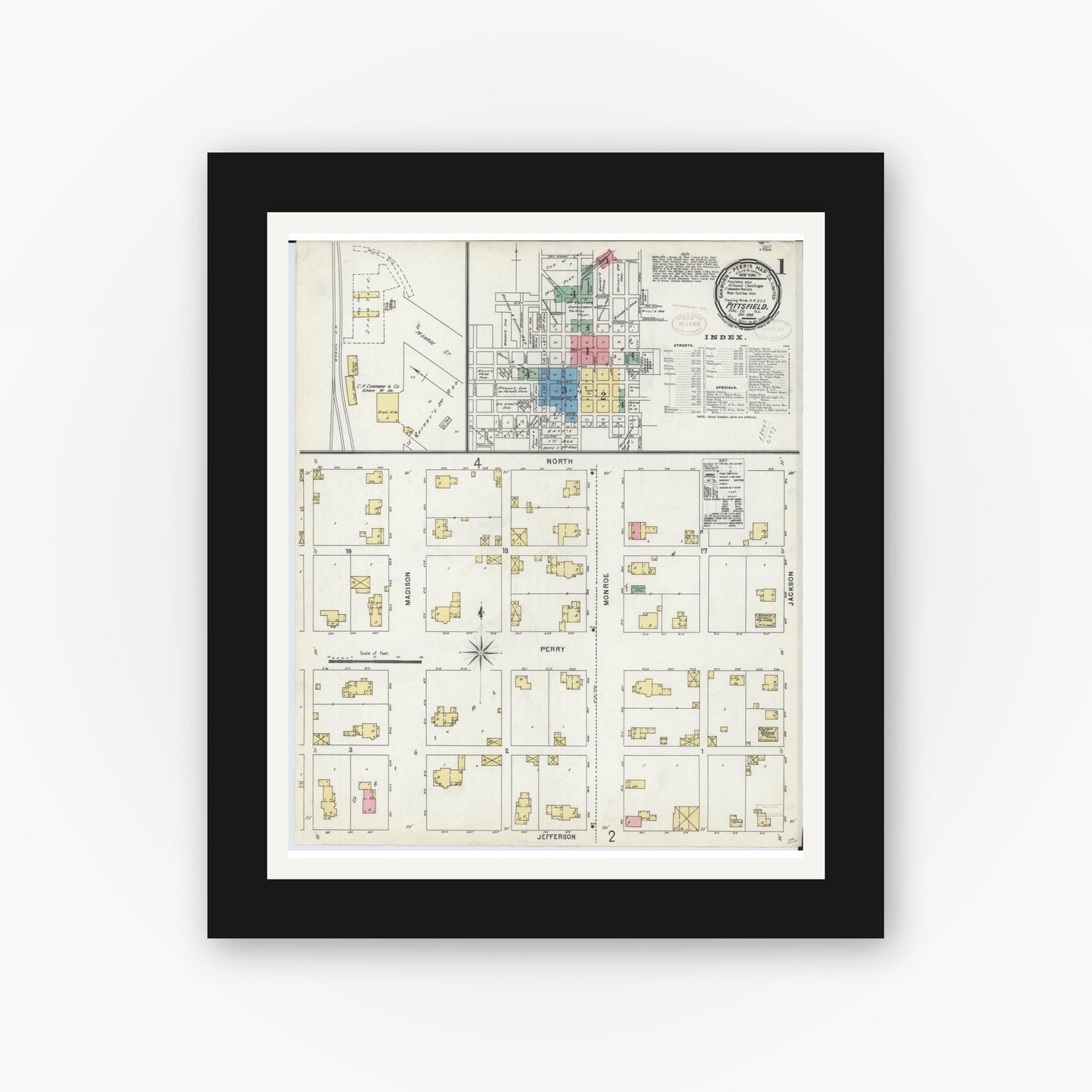 Old map wall art mockup — black gallery frame with white mat — Sanborn Fire Insurance Map from Pittsfield, Pike County, Illinois (1898) - Complete Map Set