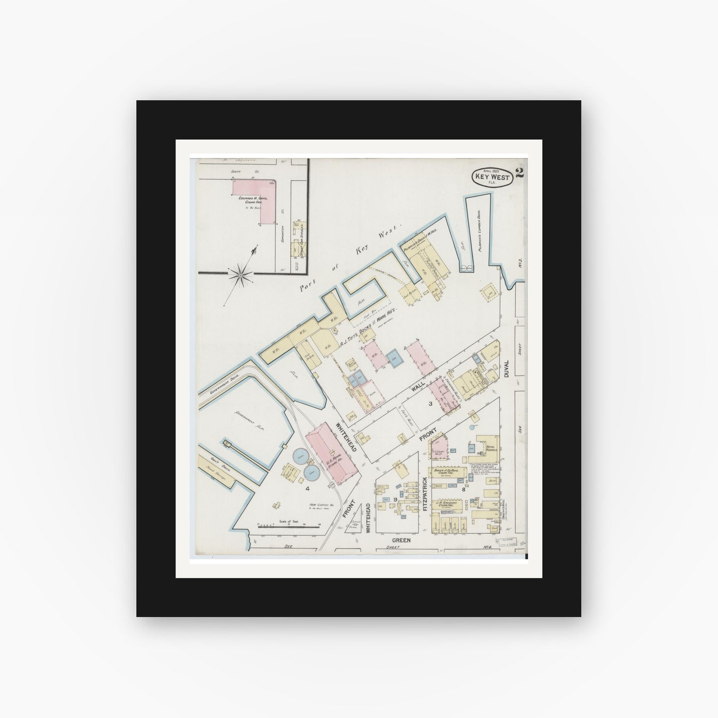 Old map wall art mockup — black gallery frame with white mat — Sanborn Fire Insurance Map from Key West, Monroe County, Florida (1889), Sheet #0002