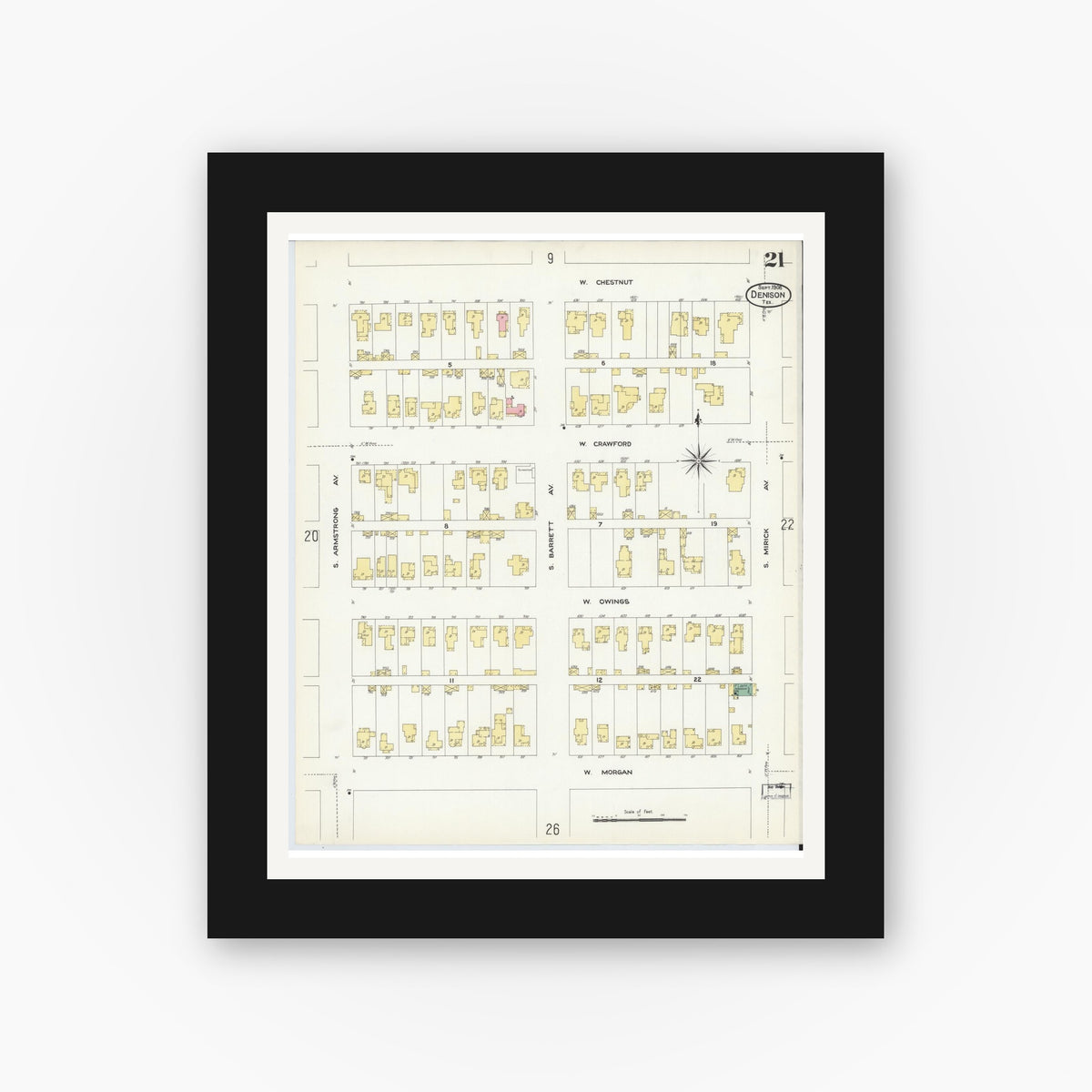 Old map wall art mockup — black gallery frame with white mat — Sanborn Fire Insurance Map from Denison, Grayson County, Texas (1908), Sheet #0021
