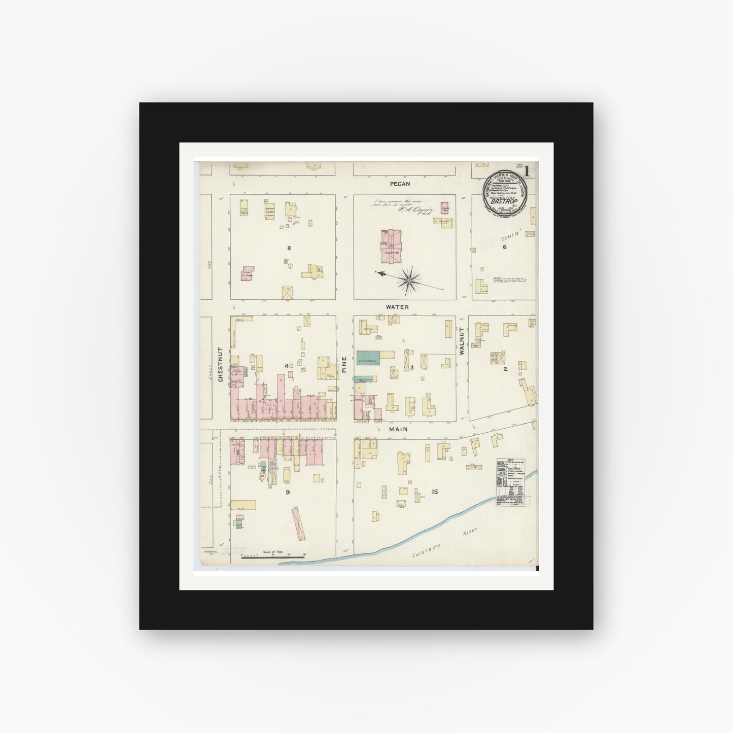 Old map wall art mockup — black gallery frame with white mat — Sanborn Fire Insurance Map from Bastrop, Bastrop County, Texas (1891), Sheet #0001