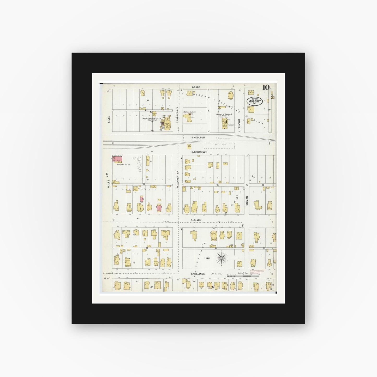 Old map wall art mockup — black gallery frame with white mat — Sanborn Fire Insurance Map from Moberly, Randolph County, Missouri (1899), Sheet #0010