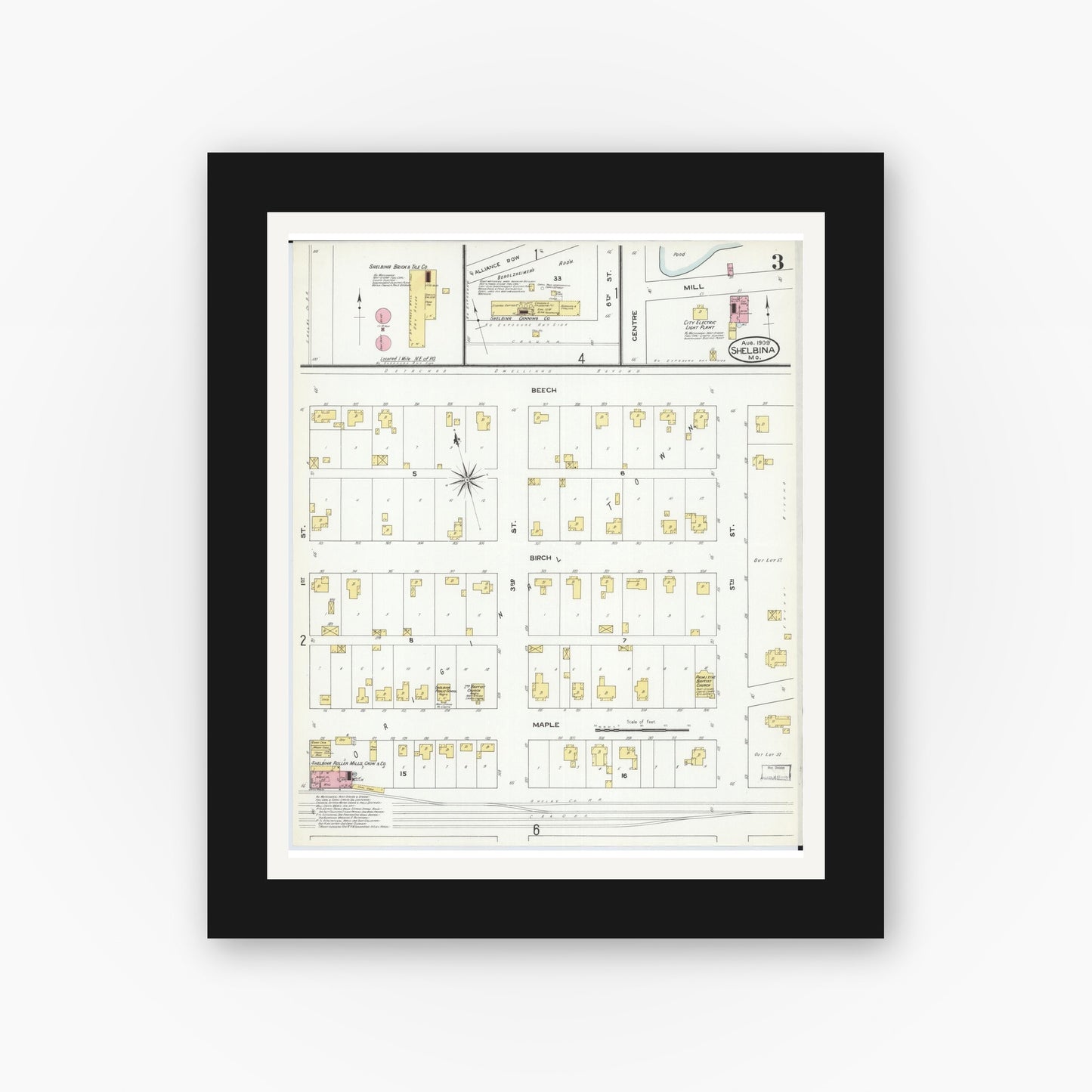 Old map wall art mockup — black gallery frame with white mat — Sanborn Fire Insurance Map from Shelbina, Shelby County, Missouri (1909), Sheet #0003