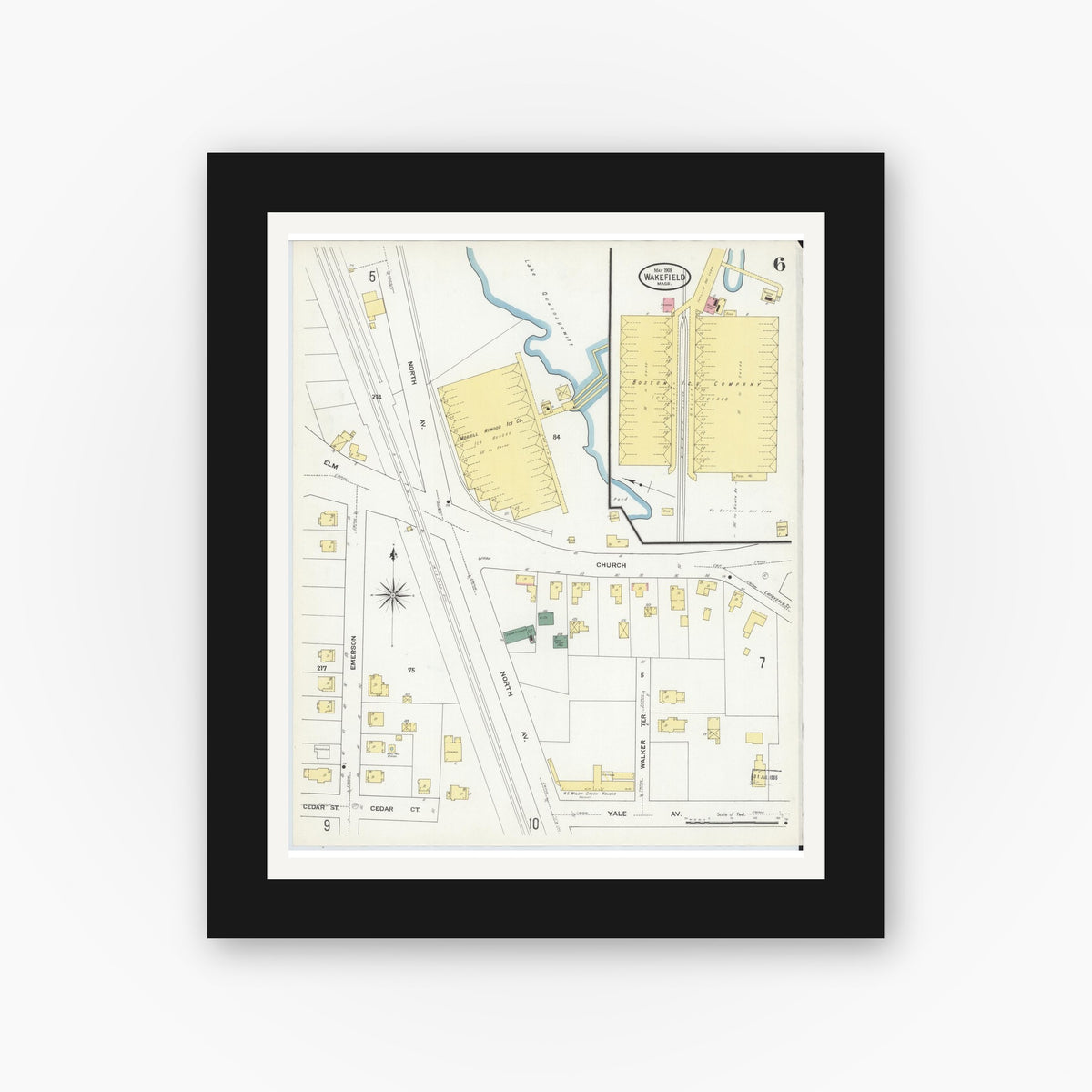 Old map wall art mockup — black gallery frame with white mat — Sanborn Fire Insurance Map from Wakefield, Middlesex County, Massachusetts (1909), Sheet #0006