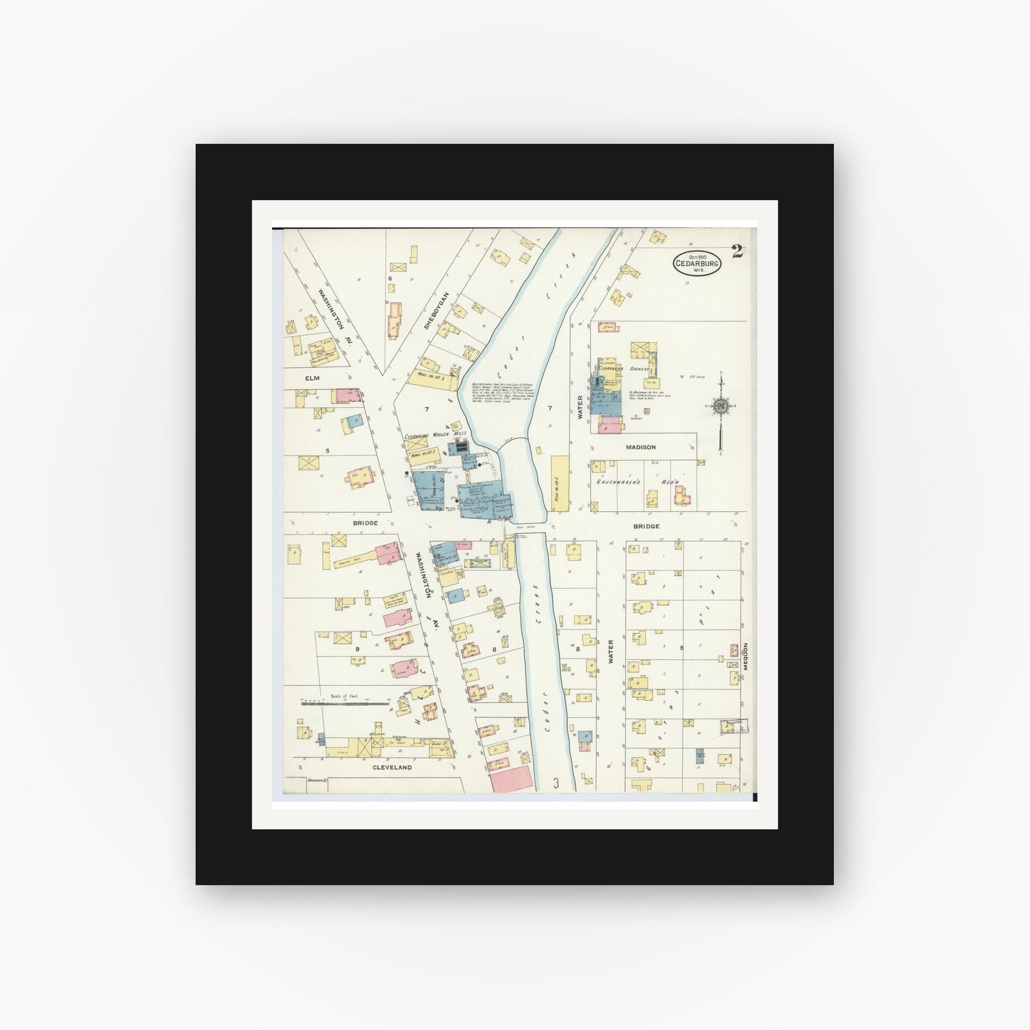 Old map wall art mockup — black gallery frame with white mat — Sanborn Fire Insurance Map from Cedarburg, Ozaukee County, Wisconsin (1910), Sheet #0002