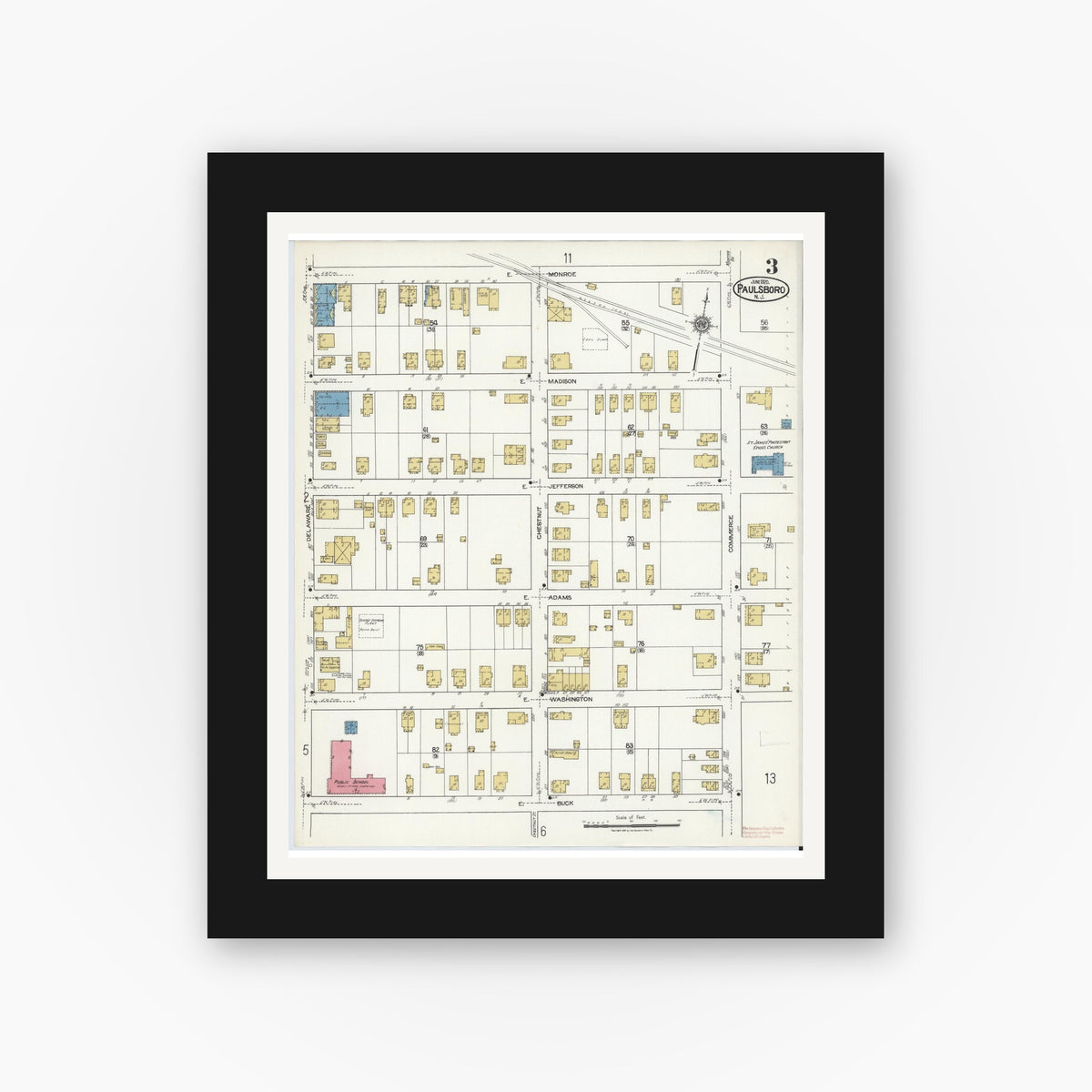 Old map wall art mockup — black gallery frame with white mat — Sanborn Fire Insurance Map from Paulsboro, Gloucester County, New Jersey (1920), Sheet #0003