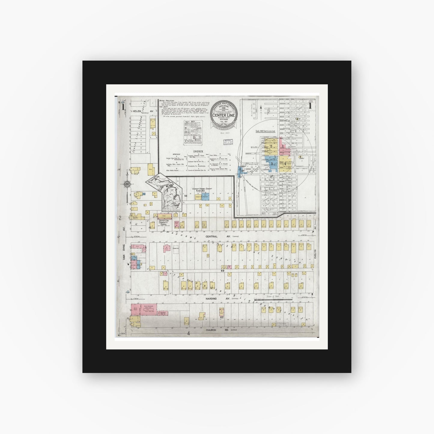 Old map wall art mockup — black gallery frame with white mat — Sanborn Fire Insurance Map from Center Line, Macomb County, Michigan (1927) - Complete Map Set