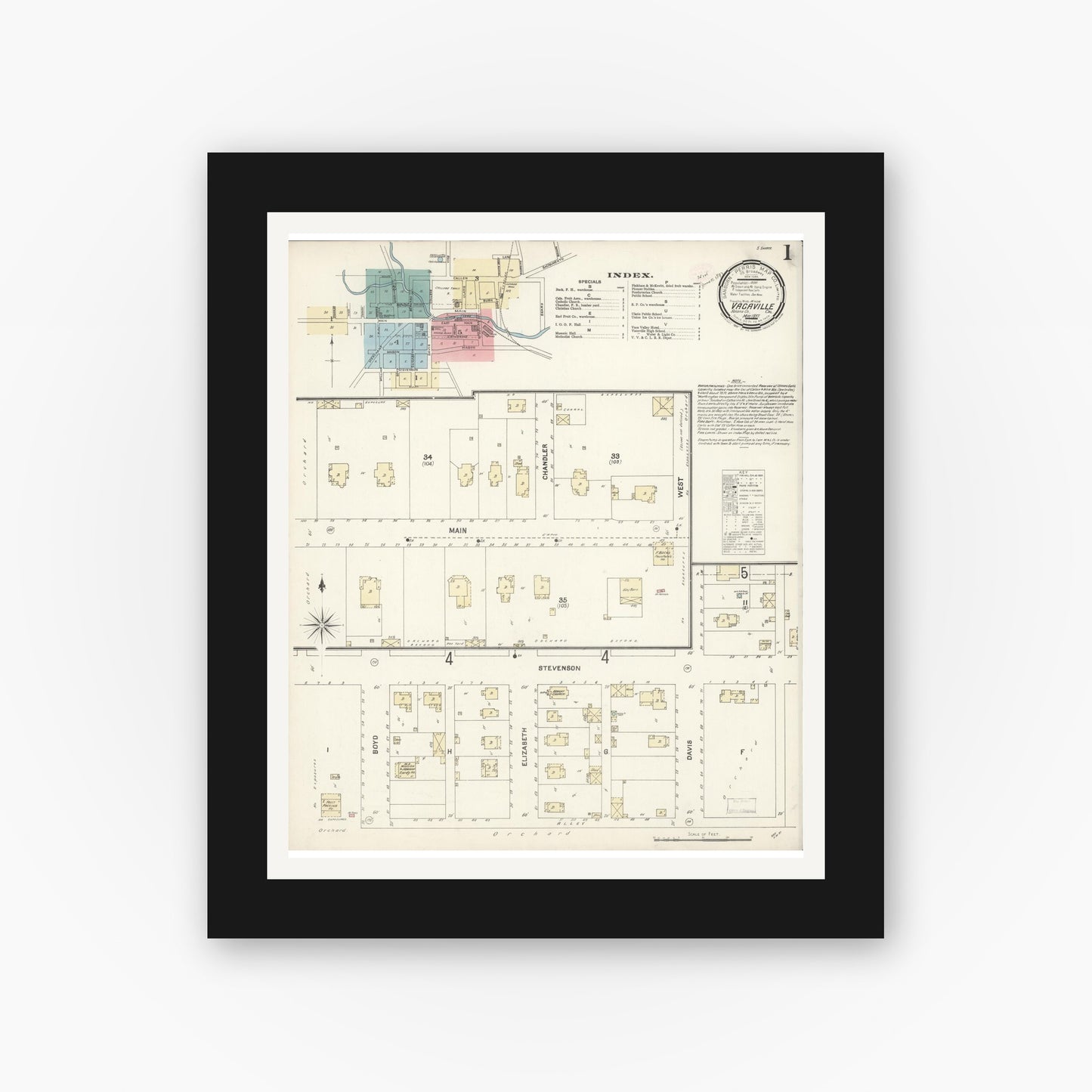 Old map wall art mockup — black gallery frame with white mat — Sanborn Fire Insurance Map from Vacaville, Solano County, California (1897) - Complete Map Set