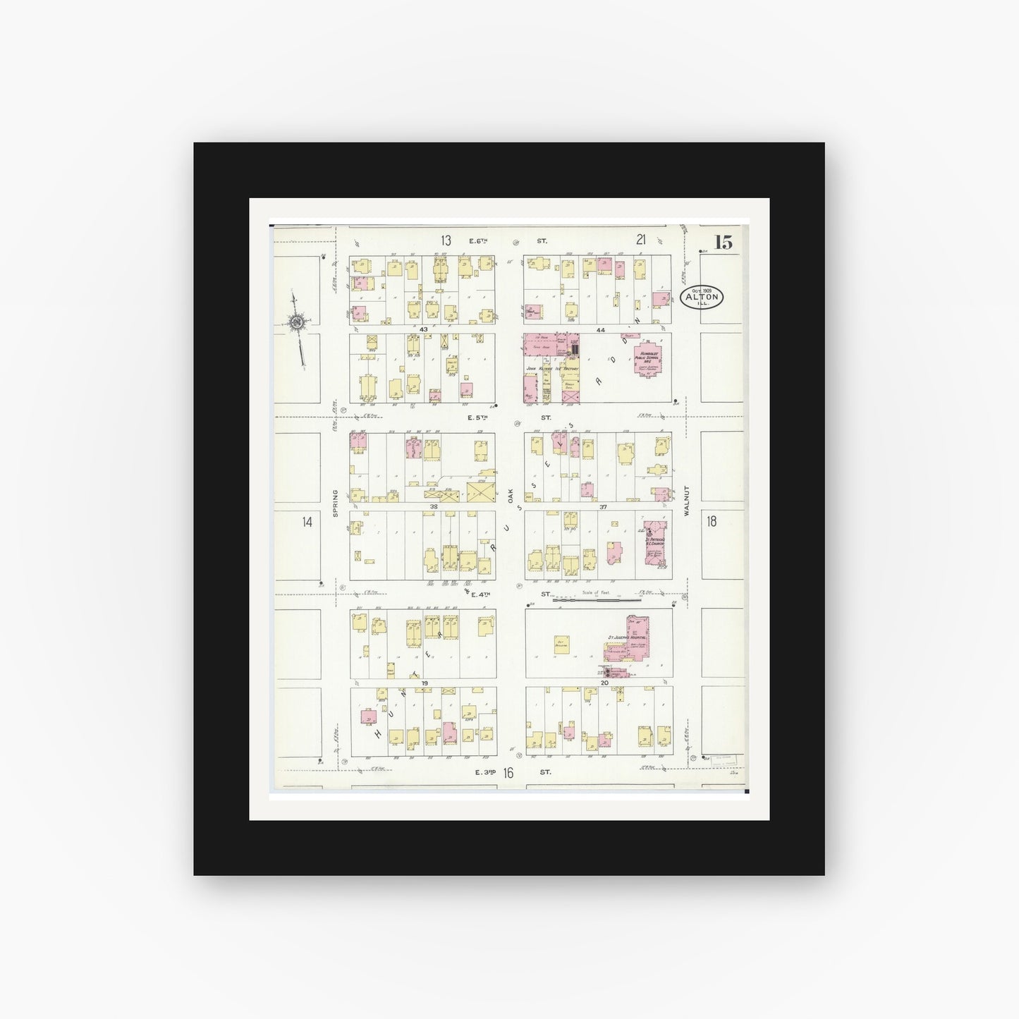 Old map wall art mockup — black gallery frame with white mat — Sanborn Fire Insurance Map from Alton, Madison County, Illinois (1909), Sheet #0015