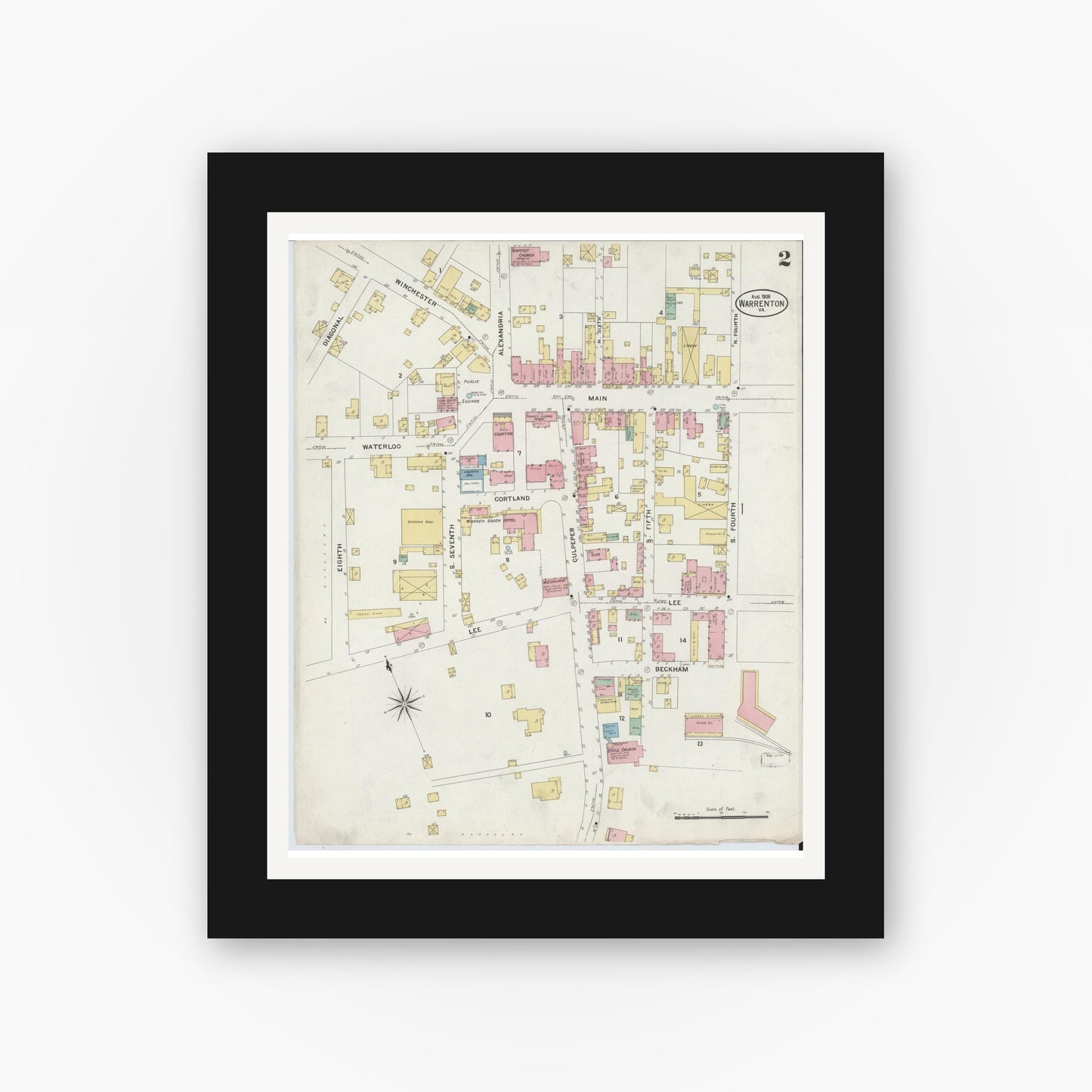Old map wall art mockup — black gallery frame with white mat — Sanborn Fire Insurance Map from Warrenton, Fauquier County, Virginia (1908), Sheet #0002
