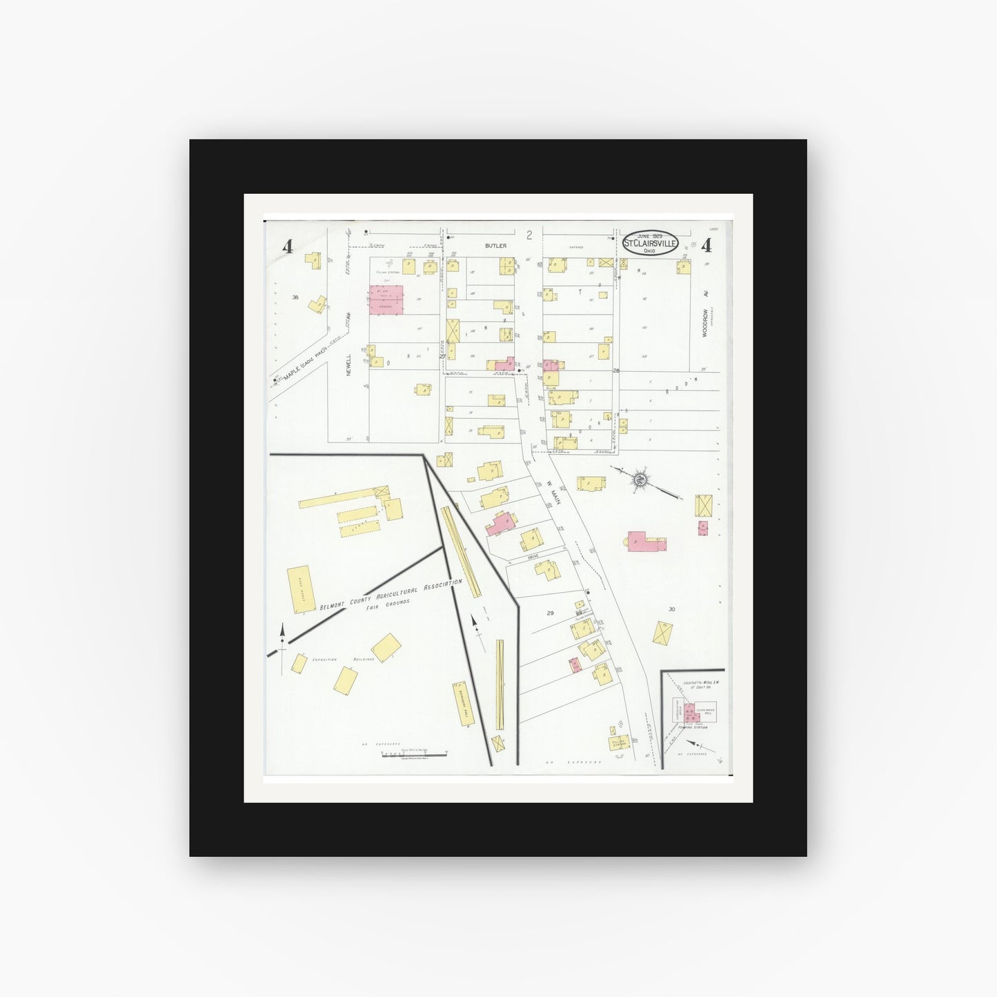 Old map wall art mockup — black gallery frame with white mat — Sanborn Fire Insurance Map from Saint Clairsville, Belmont County, Ohio (1929), Sheet #0004