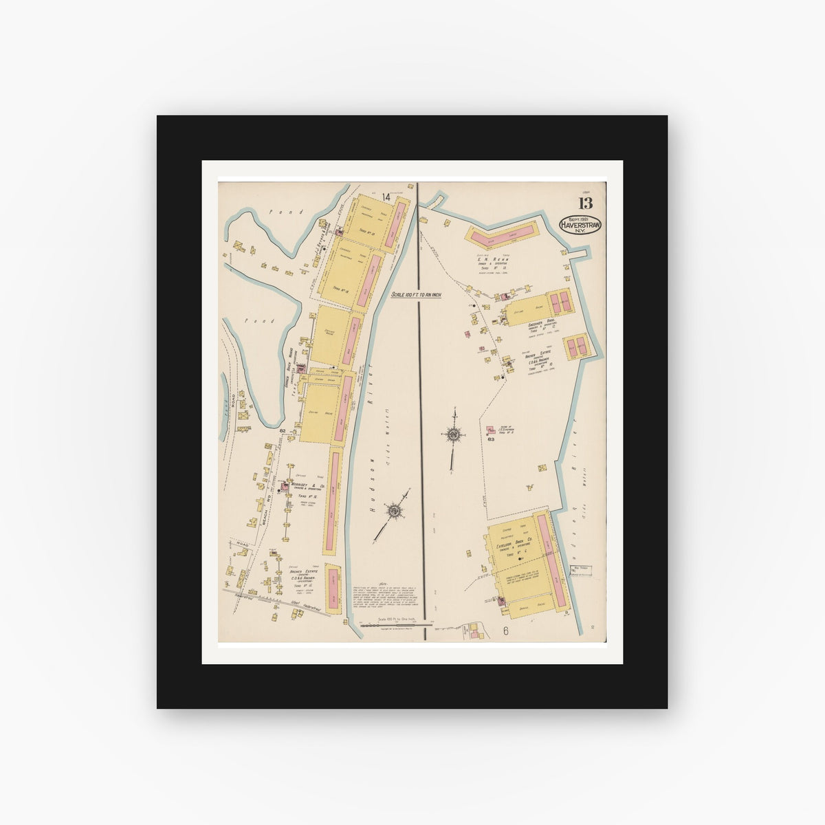 Old map wall art mockup — black gallery frame with white mat — Sanborn Fire Insurance Map from Haverstraw, Rockland County, New York (1921), Sheet #0013