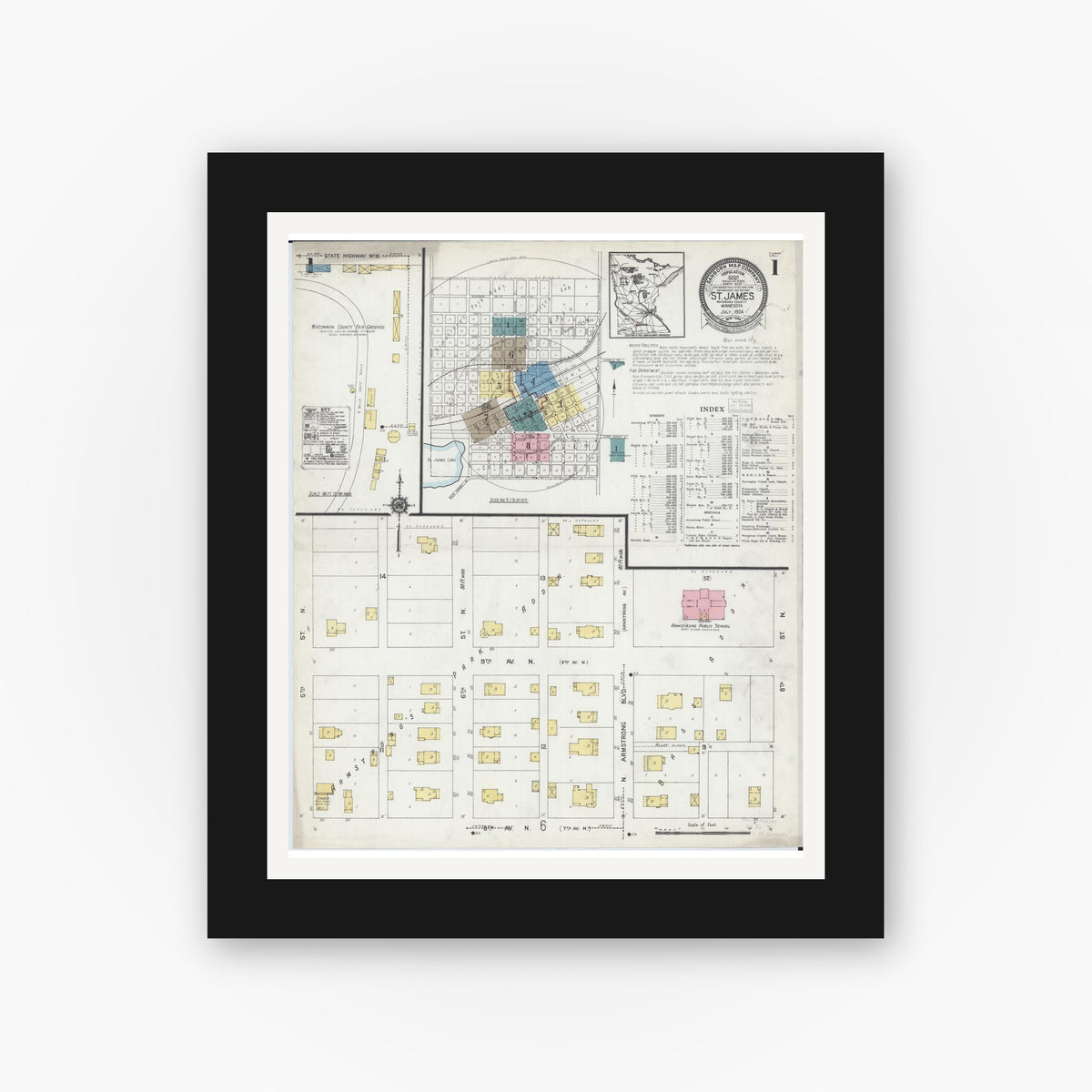 Old map wall art mockup — black gallery frame with white mat — Sanborn Fire Insurance Map from Saint James, Watonwan County, Minnesota (1924) - Complete Map Set