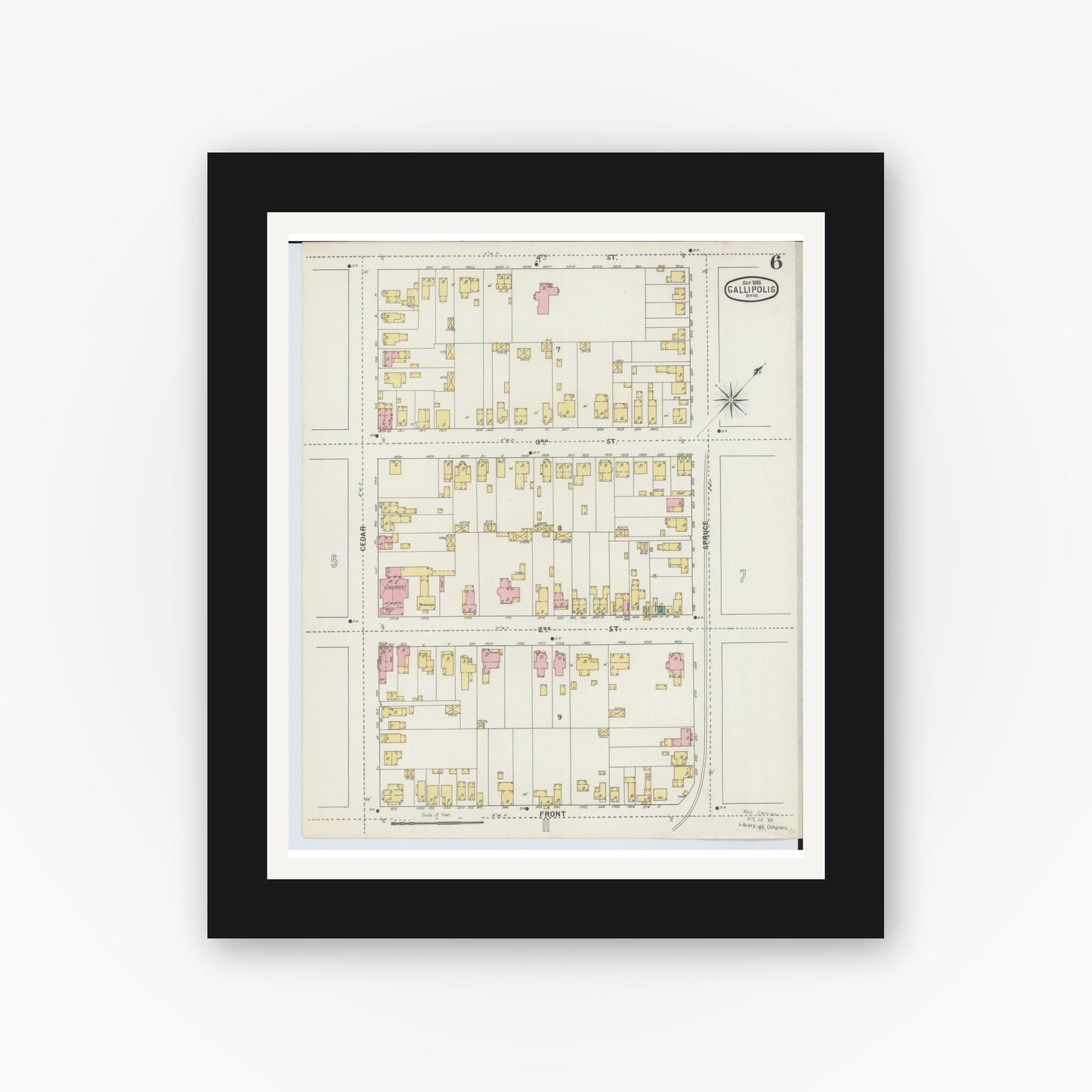 Old map wall art mockup — black gallery frame with white mat — Sanborn Fire Insurance Map from Gallipolis, Gallia County, Ohio (1895), Sheet #0006