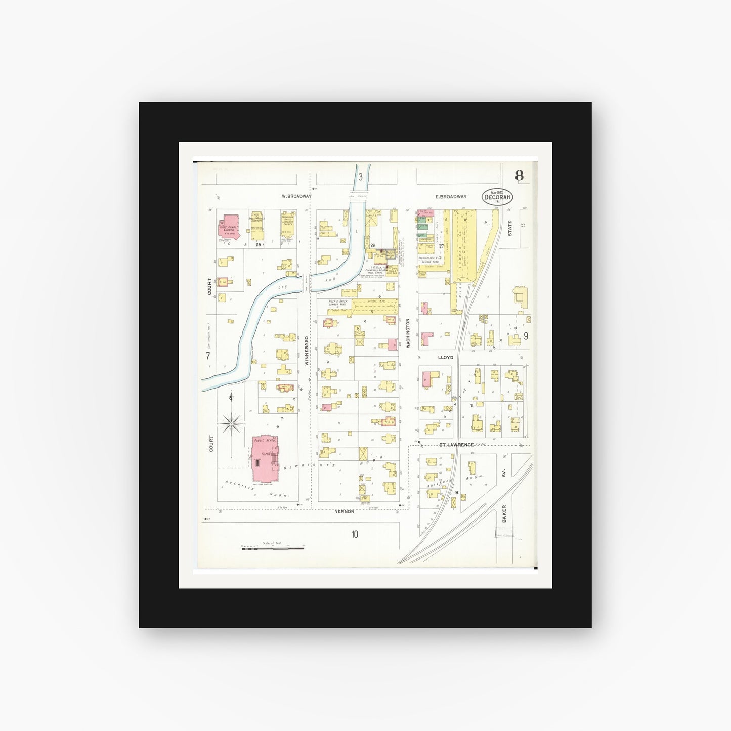 Old map wall art mockup — black gallery frame with white mat — Sanborn Fire Insurance Map from Decorah, Winneshiek County, Iowa (1902), Sheet #0008