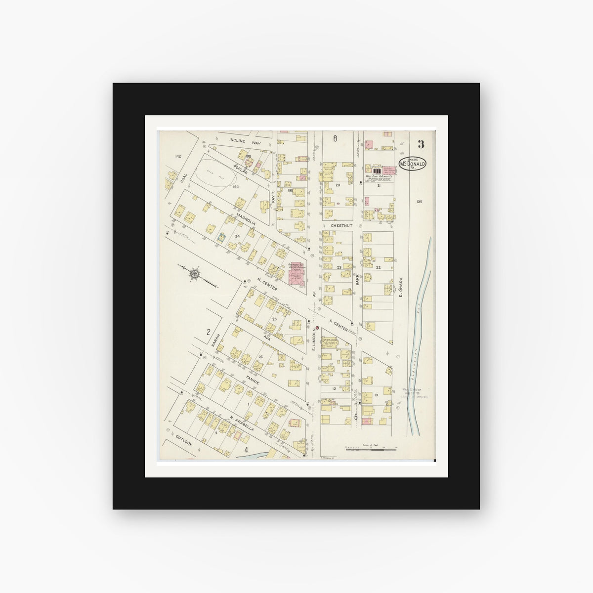 Old map wall art mockup — black gallery frame with white mat — Sanborn Fire Insurance Map from McDonald, Washington County, Pennsylvania (1915), Sheet #0003