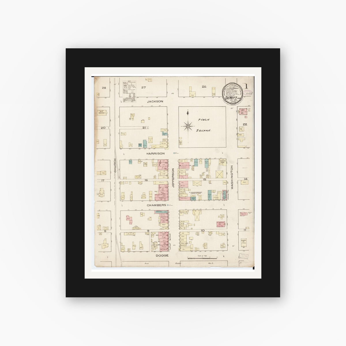 Old map wall art mockup — black gallery frame with white mat — Sanborn Fire Insurance Map from De Witt, Clinton County, Iowa (1886), Sheet #0001