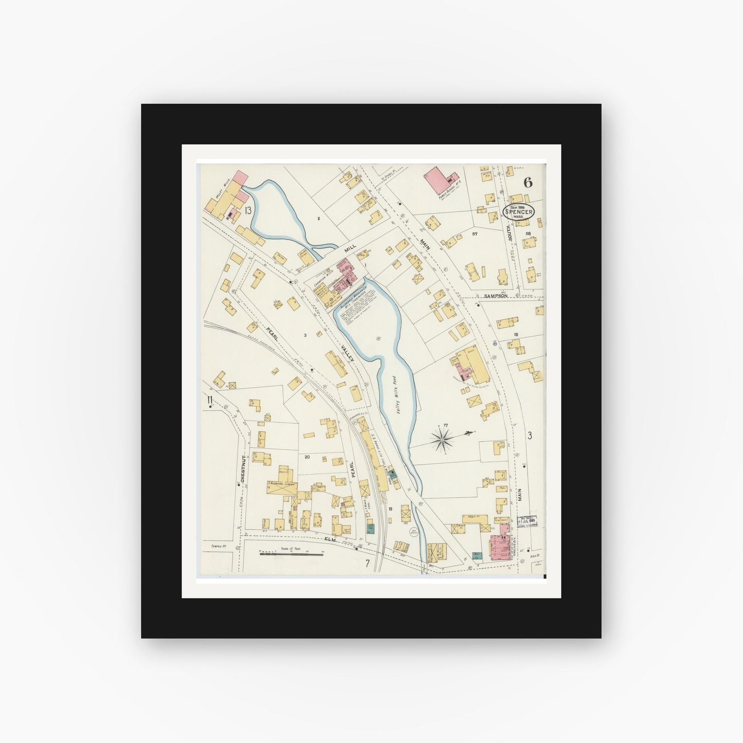 Old map wall art mockup — black gallery frame with white mat — Sanborn Fire Insurance Map from Spencer, Worcester County, Massachusetts (1906), Sheet #0006