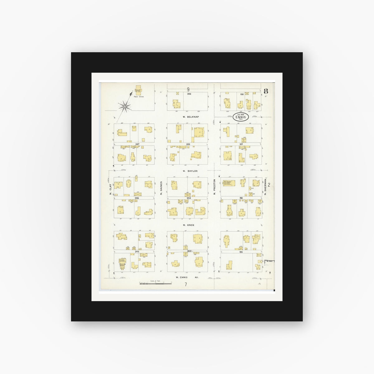 Old map wall art mockup — black gallery frame with white mat — Sanborn Fire Insurance Map from Ennis, Ellis County, Texas (1909), Sheet #0008