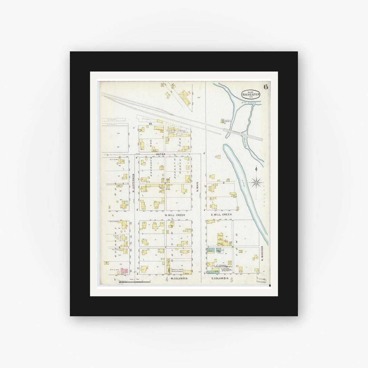 Old map wall art mockup β black gallery frame with white mat β Sanborn Fire Insurance Map from Rochester, Fulton County, Indiana (1895), Sheet #0006