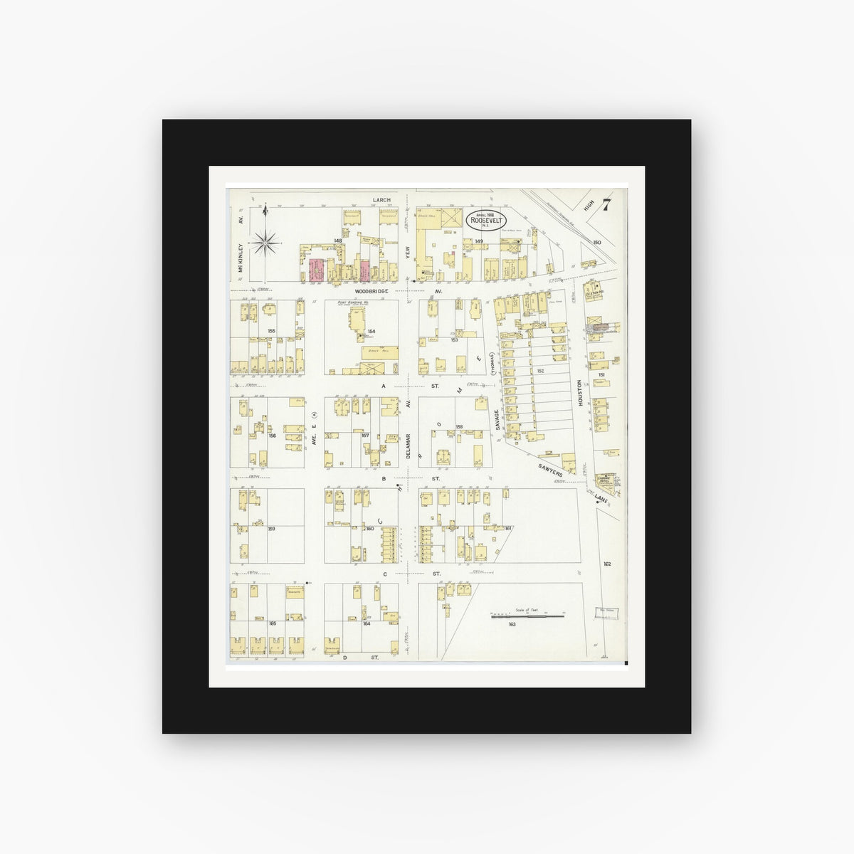 Old map wall art mockup — black gallery frame with white mat — Sanborn Fire Insurance Map from Roosevelt, Middlesex County, New Jersey (1908), Sheet #0007