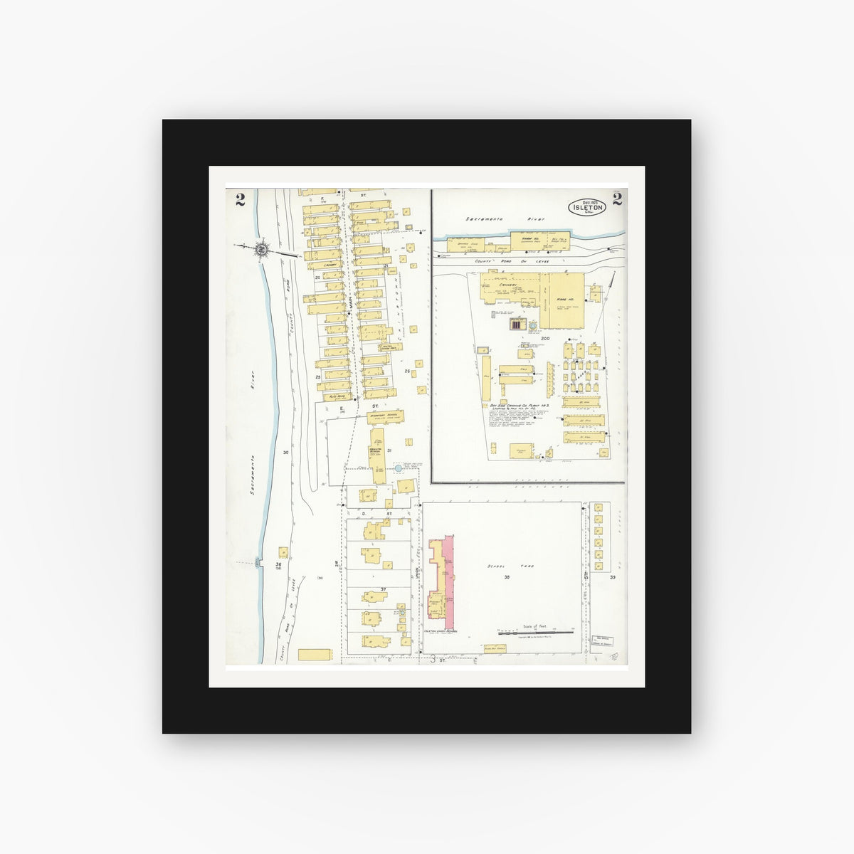 Old map wall art mockup — black gallery frame with white mat — Sanborn Fire Insurance Map from Isleton, Sacramento County, California (1925), Sheet #0002