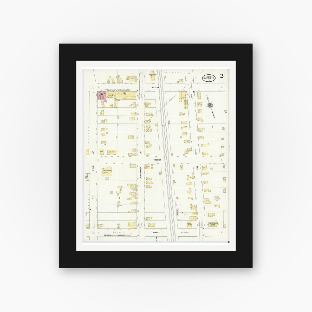 Old map wall art mockup β black gallery frame with white mat β Sanborn Fire Insurance Map from Mayfield, Lackawanna County, Pennsylvania (1912), Sheet #0002