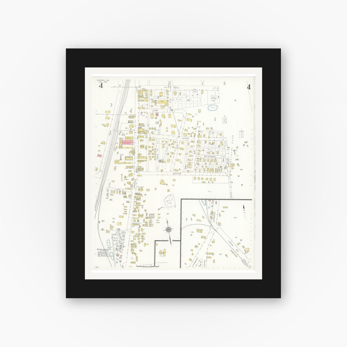 Old map wall art mockup — black gallery frame with white mat — Sanborn Fire Insurance Map from Overton, Rusk County, Texas (1936), Sheet #0004