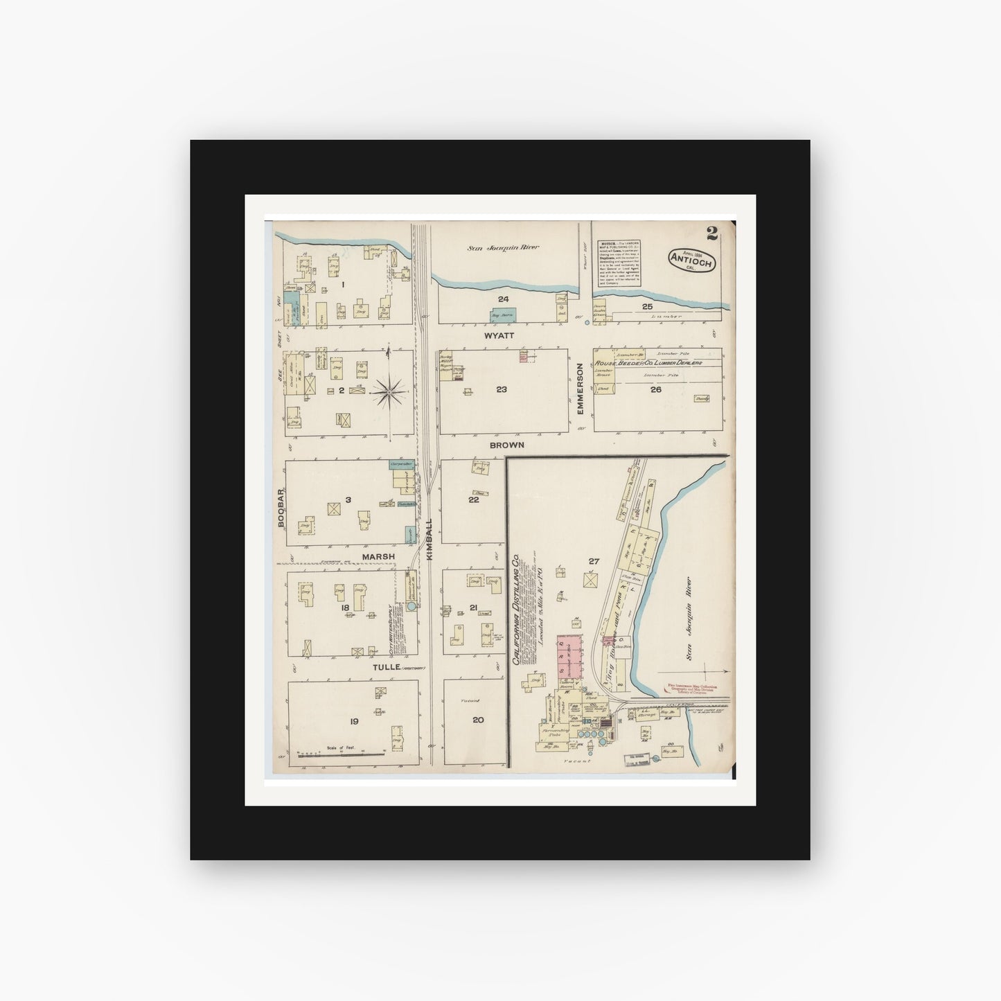 Old map wall art mockup — black gallery frame with white mat — Sanborn Fire Insurance Map from Antioch, Contra Costa County, California (1884), Sheet #0002