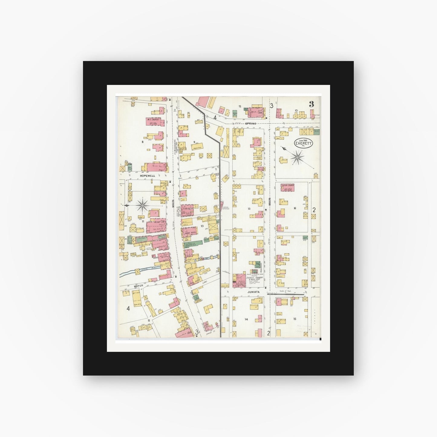 Old map wall art mockup — black gallery frame with white mat — Sanborn Fire Insurance Map from Everett, Bedford County, Pennsylvania (1900), Sheet #0003