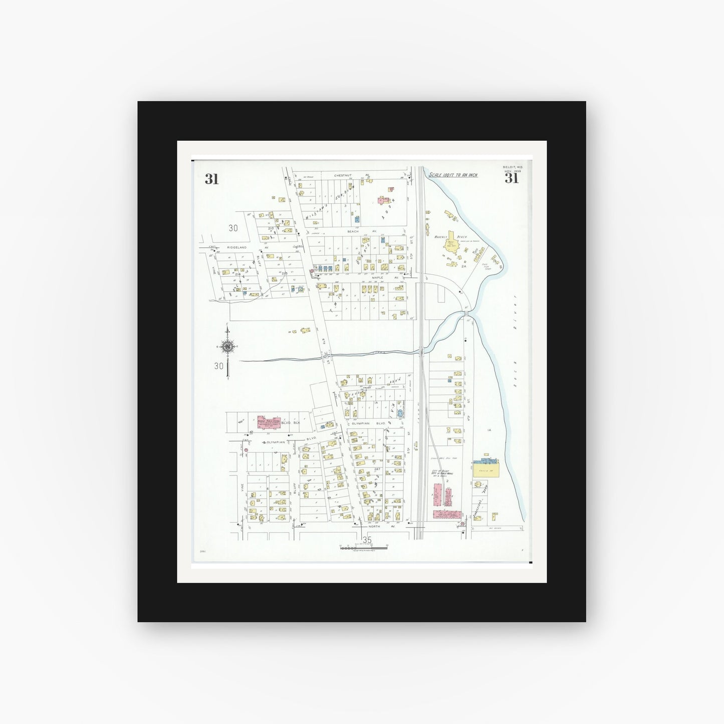 Old map wall art mockup — black gallery frame with white mat — Sanborn Fire Insurance Map from Beloit, Rock County, Wisconsin (1939), Sheet #0031