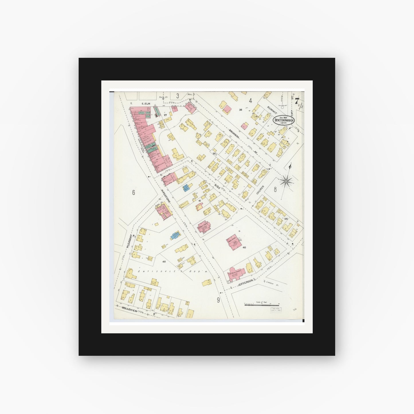 Old map wall art mockup — black gallery frame with white mat — Sanborn Fire Insurance Map from Benton Harbor, Berrien County, Michigan (1905), Sheet #0007