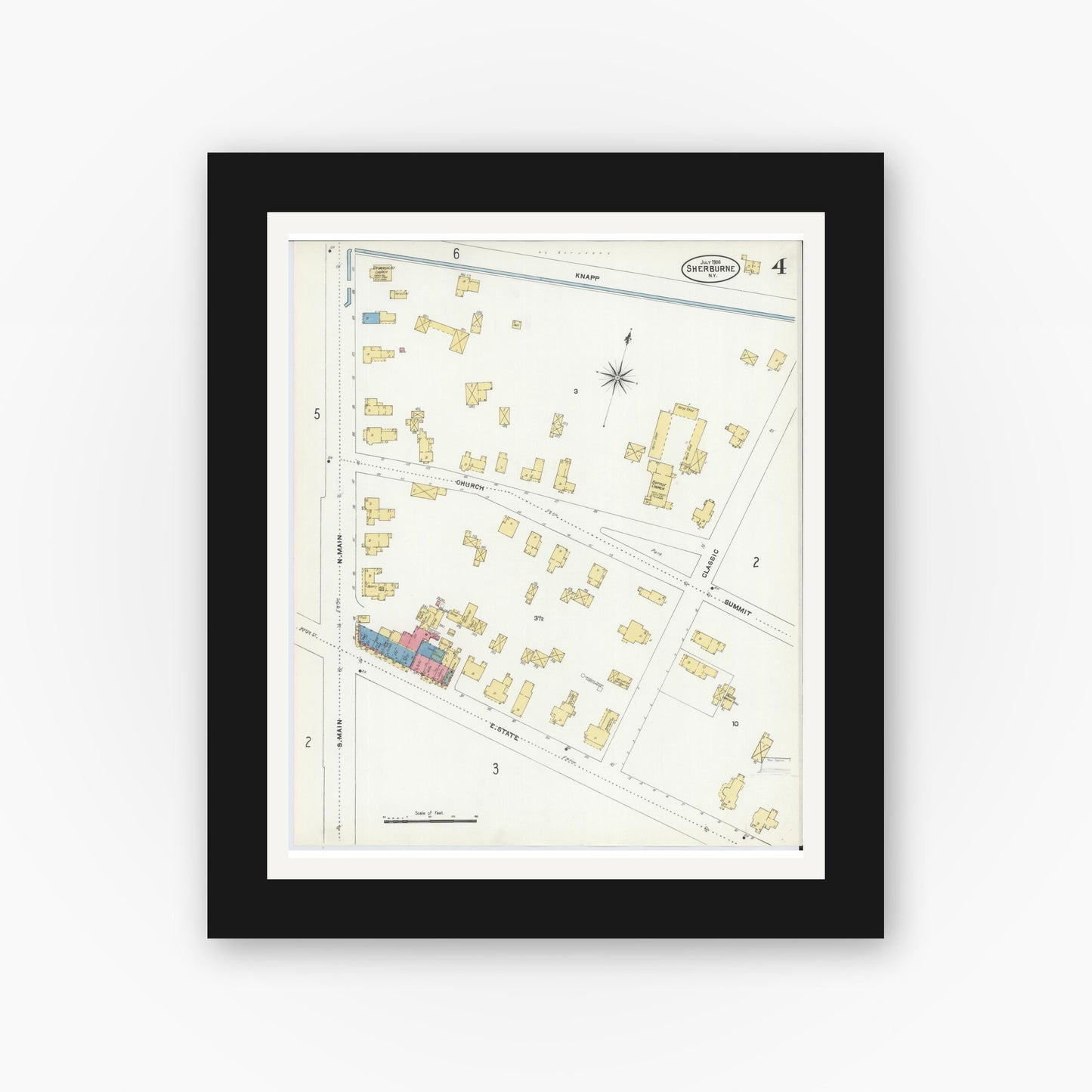 Old map wall art mockup — black gallery frame with white mat — Sanborn Fire Insurance Map from Sherburne, Chenango County, New York (1906), Sheet #0004
